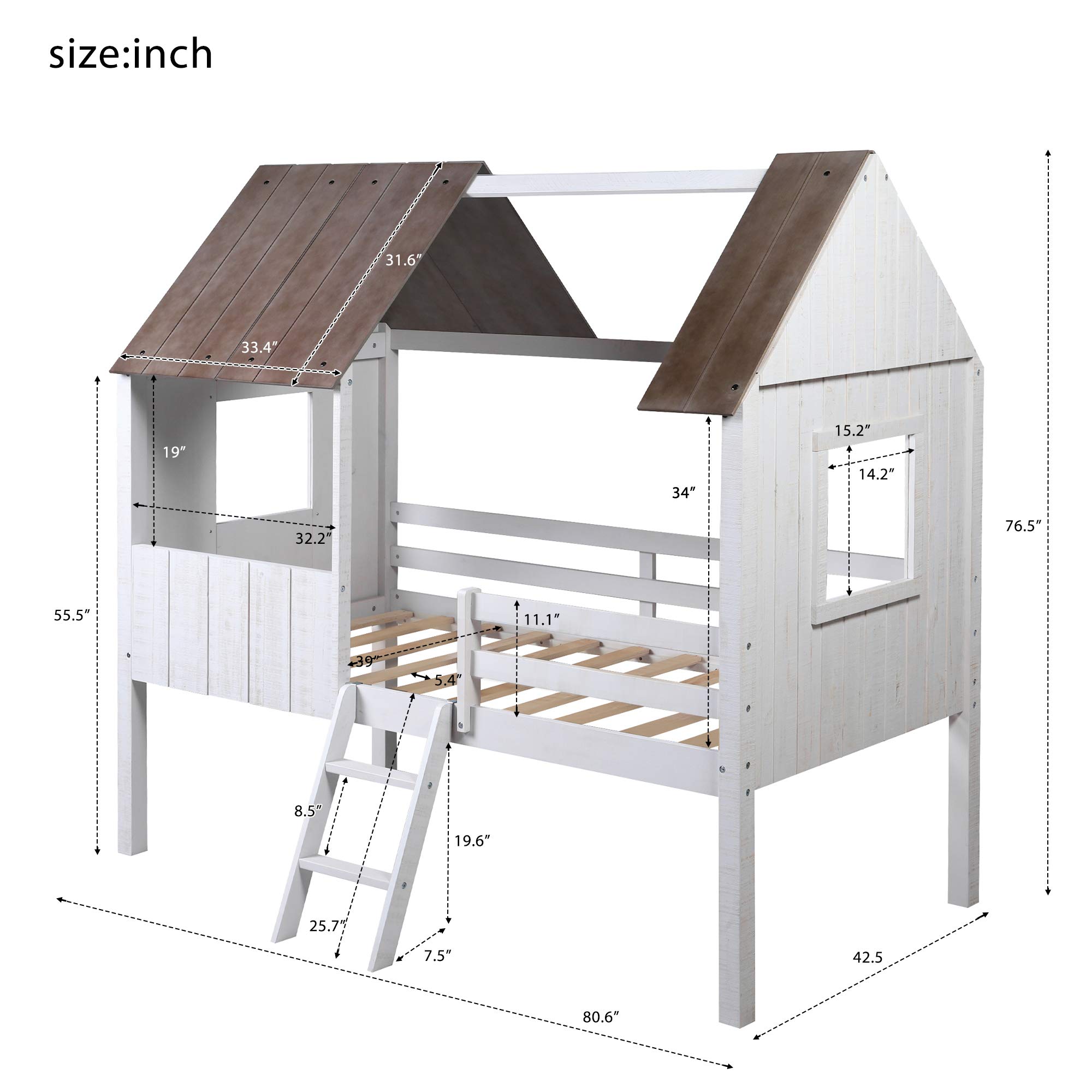 **Twin Size Low Loft Bed for Kids - Wooden House Bed Frame with Side Windows, Roof & Full-Length Safety Rails - Sturdy Ladder Included (Antique White) - Perfect for Small Bedrooms, Playrooms & Sleepovers**