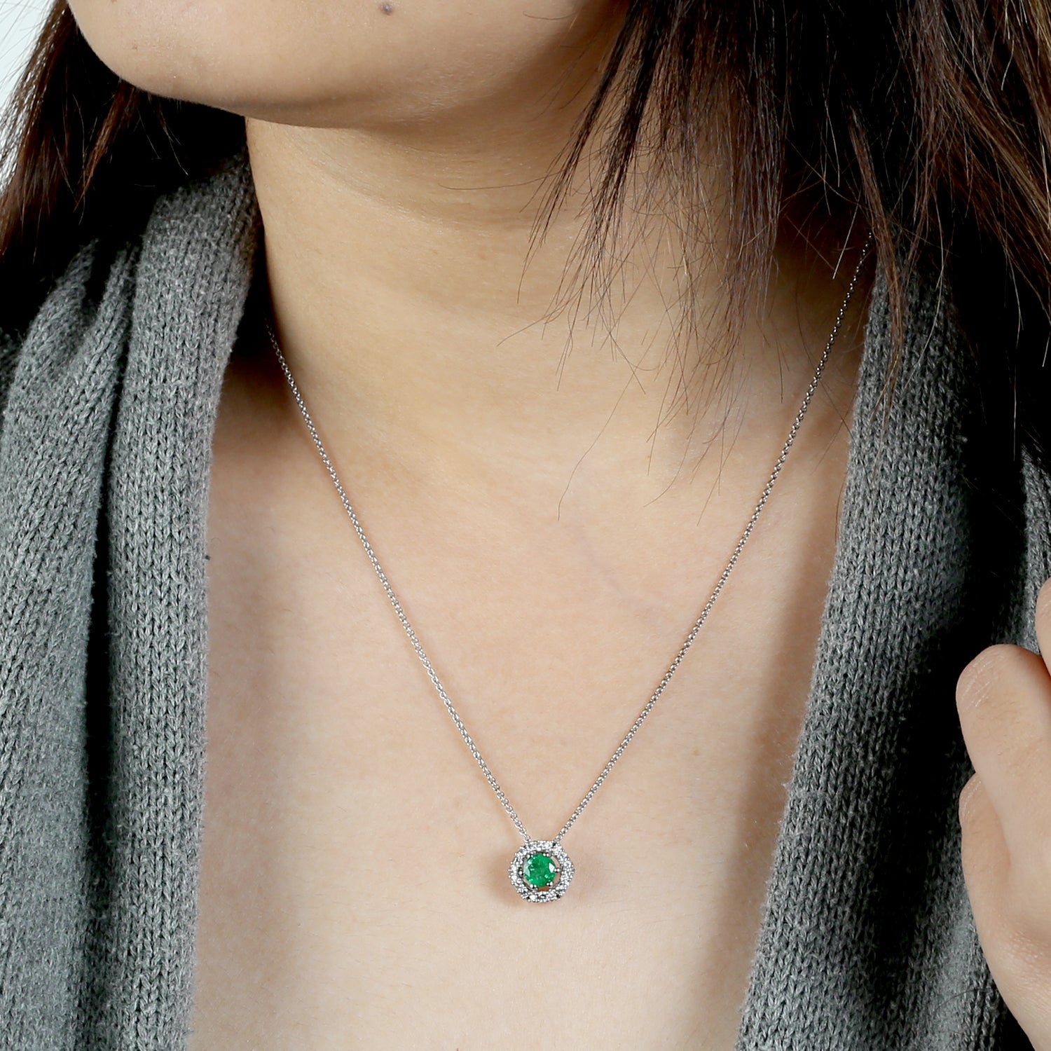14K White Gold Emerald Pave Diamond Halo Pendant Necklace for Women - Elegant Jewelry Gift for Anniversary, Birthday & Special Occasions