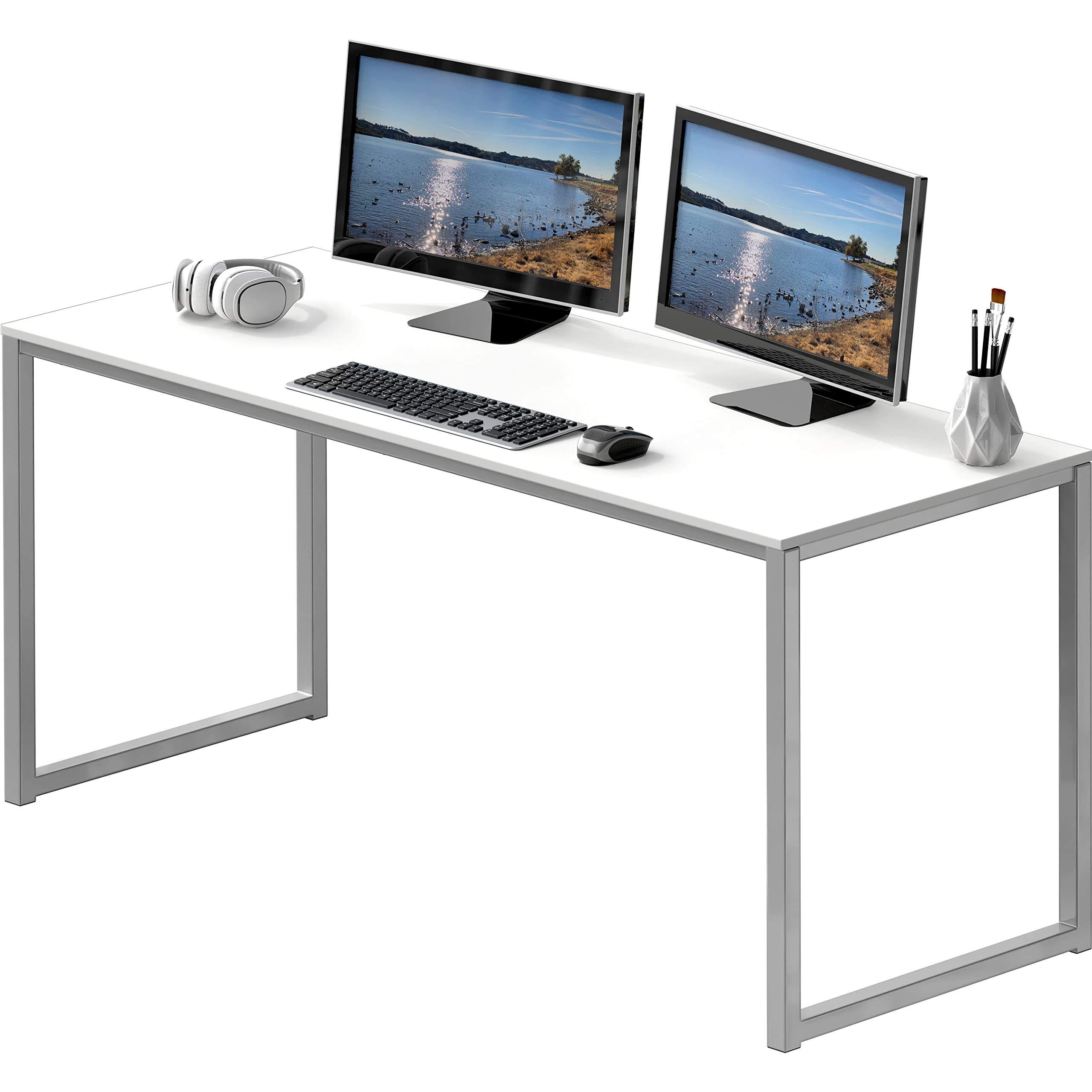 SHW Mission 55-Inch Home Office Computer Desk, White - Modern Writing Desk for Small Spaces, Study Desk for Students, Work from Home Office Furniture - Perfect for Remote Work, Online Classes & Gaming Setup
