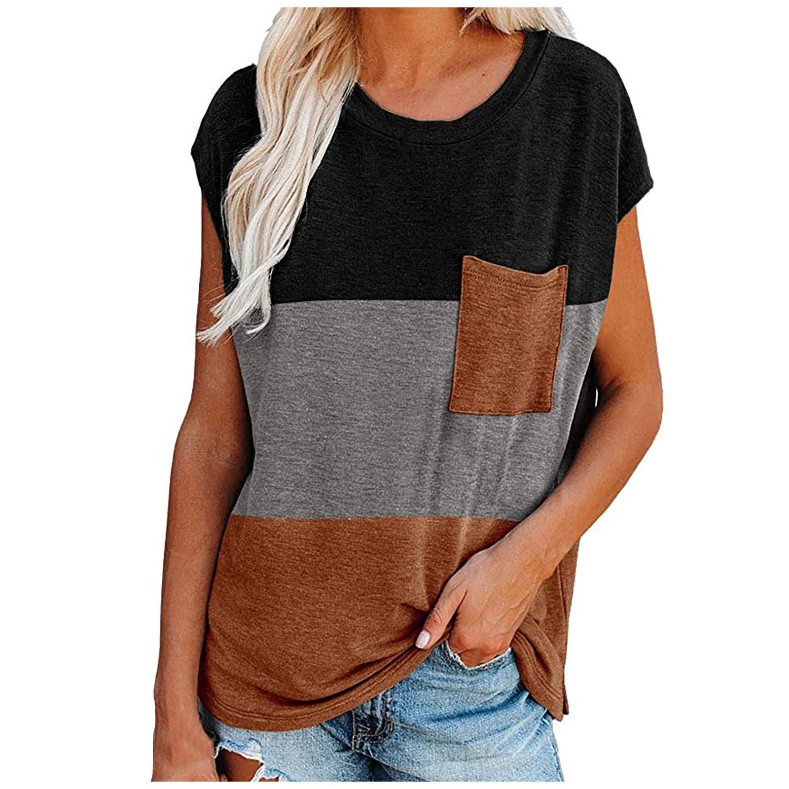 Women's Casual Summer T-Shirt - Round Neck Loose Fit Chiffon Top with Contrast Pocket | Perfect for Beach Outings, Weekend Brunch & Summer Vacations