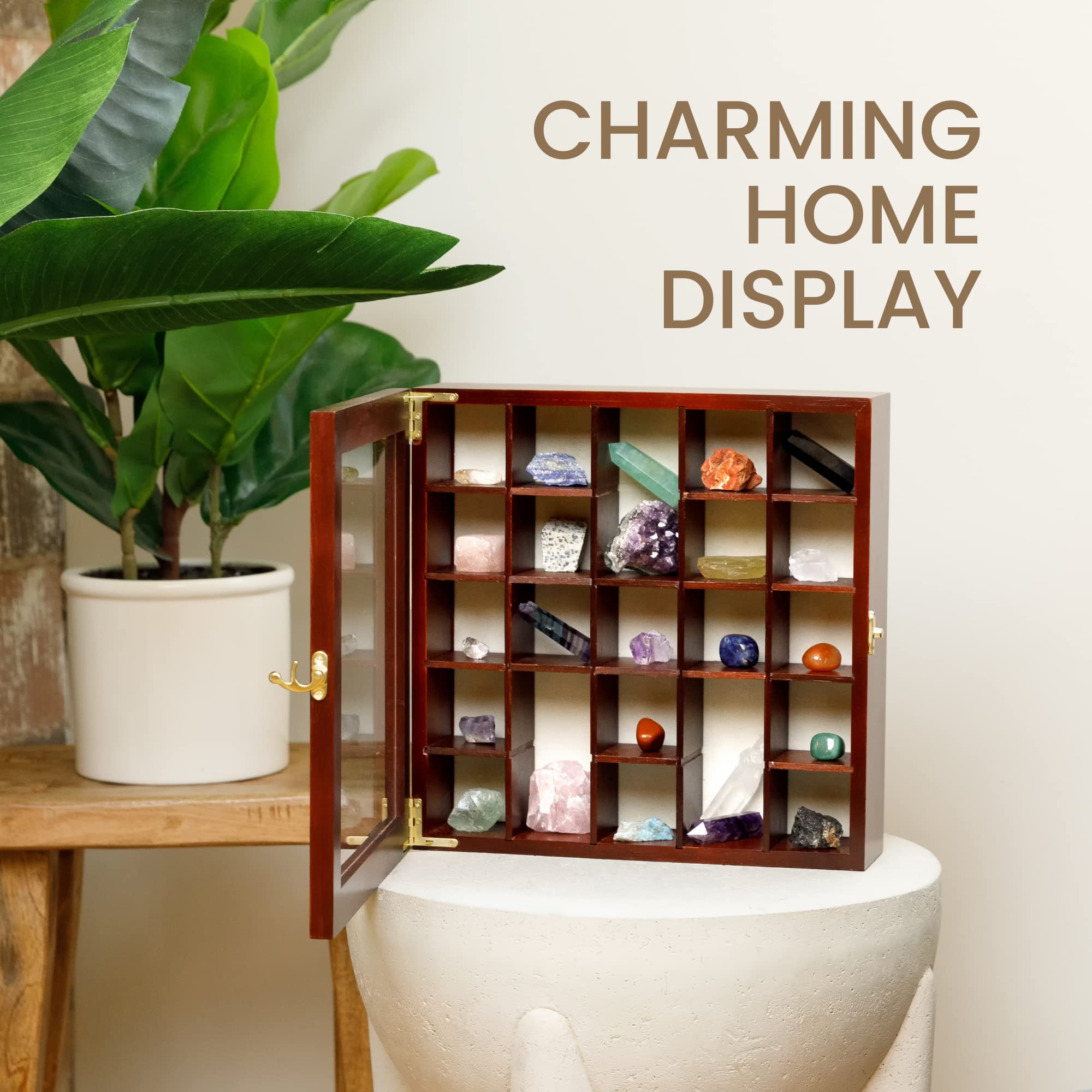 Premium Adjustable Rock Display Case - Dark Finish Shadow Box with Fabric Bed & Shelves for Mineral, Crystal & Rock Collection - Perfect for Home Decor, Geology Enthusiasts & Gift Giving