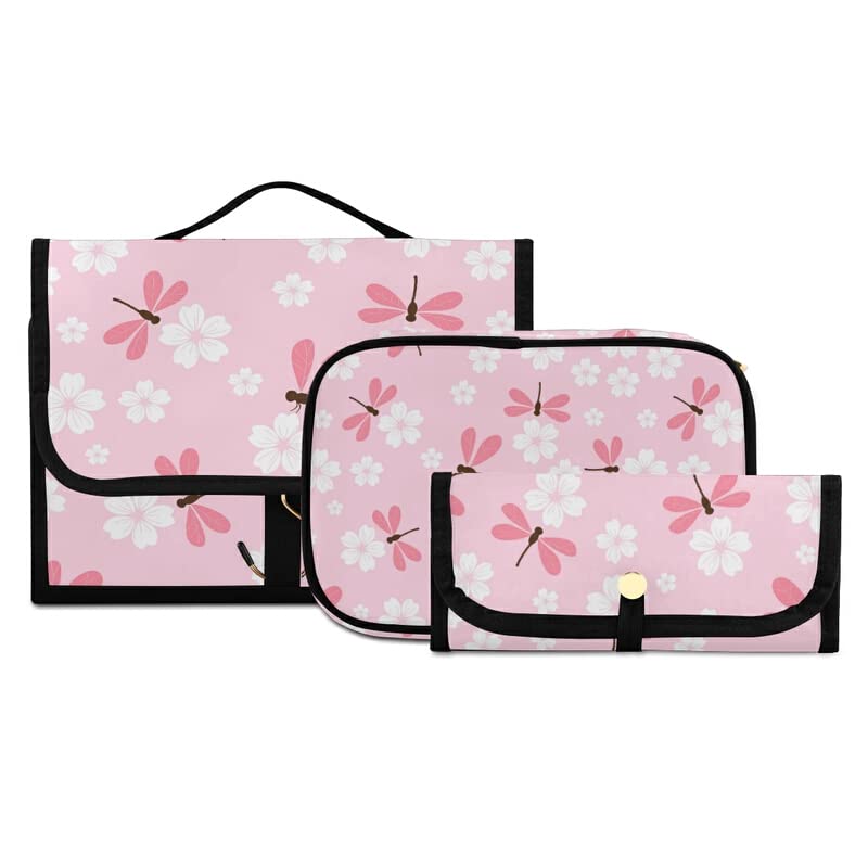 MNSRUU 3-Piece Clear Travel Toiletry Organizer Set - Hanging Makeup Bag with Sakura Flower & Dragonfly Design, Portable Cosmetic Storage for Bathroom Essentials | Perfect for Women's Travel, Gym, Camping & Daily Use