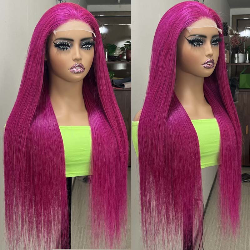 Eullair Fuchsia Pink Straight Human Hair Wig - Rose Red Body Wave Lace Frontal Wig for Women (EW001) | Perfect for Cosplay, Parties & Daily Wear