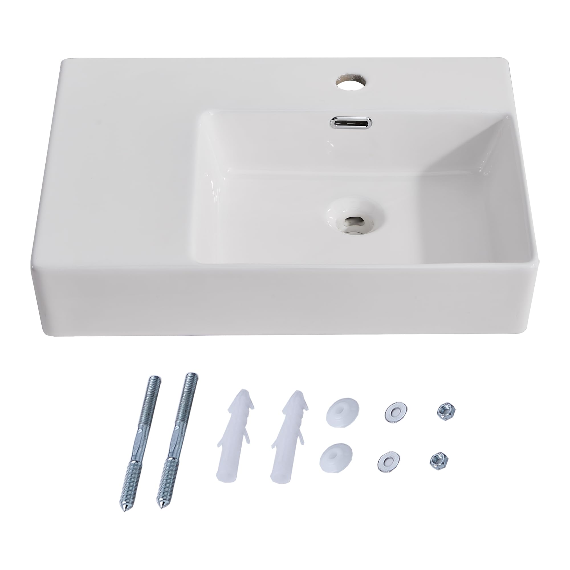 IKEBANA 24x17 Inch Wall Mounted Bathroom Sink - Modern Ceramic Floating or Countertop Vessel Lavatory Sink for Powder Room, Guest Bath & Small Spaces | Right Side Drain | White Rectangular Design