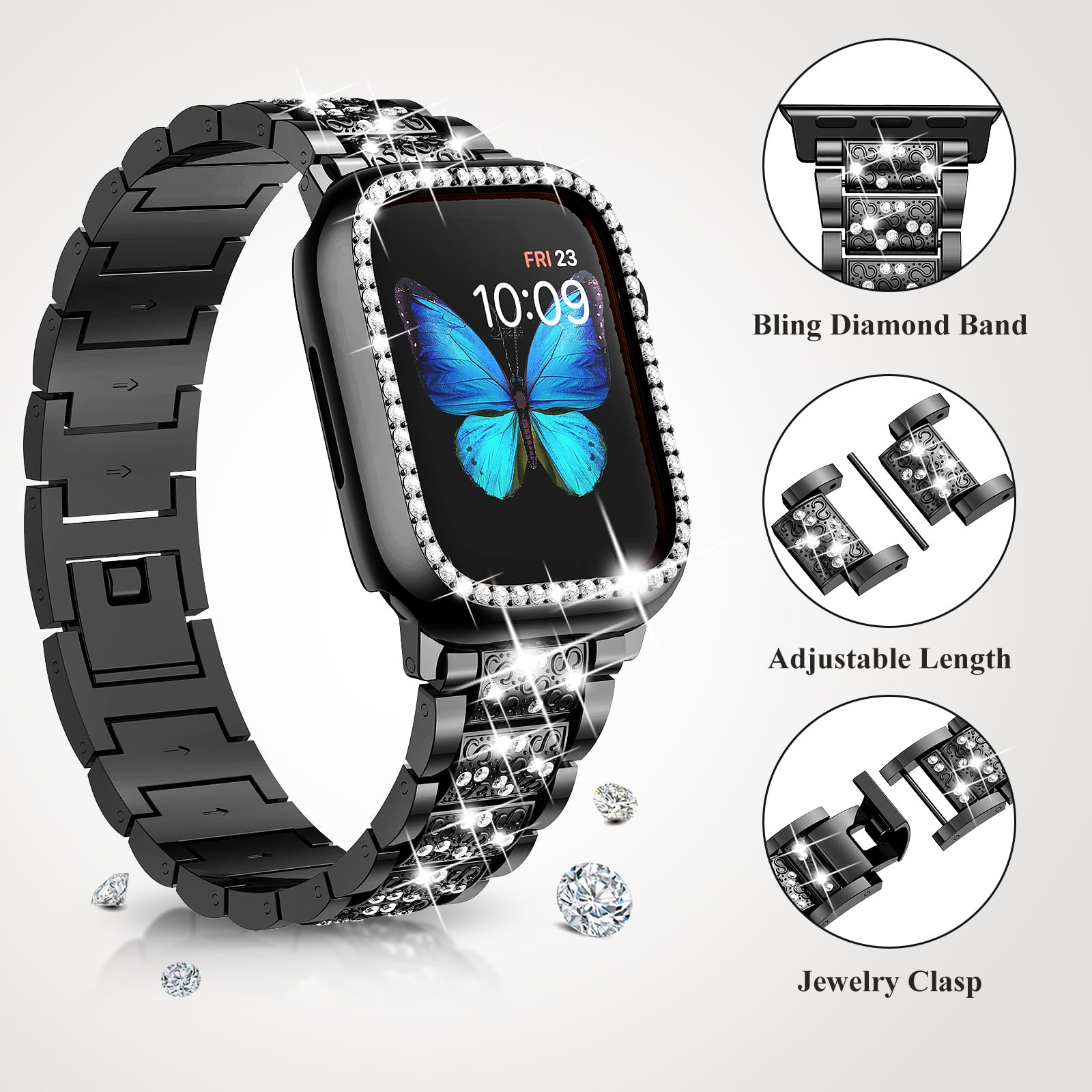 SUPOIX Luxury Bling Diamond Metal Band & 2-Pack Protective Case for Apple Watch Series 9/8/7 41mm - Elegant Jewelry Watch Accessory for Women, Perfect for Daily Wear, Work & Special Occasions (Black)