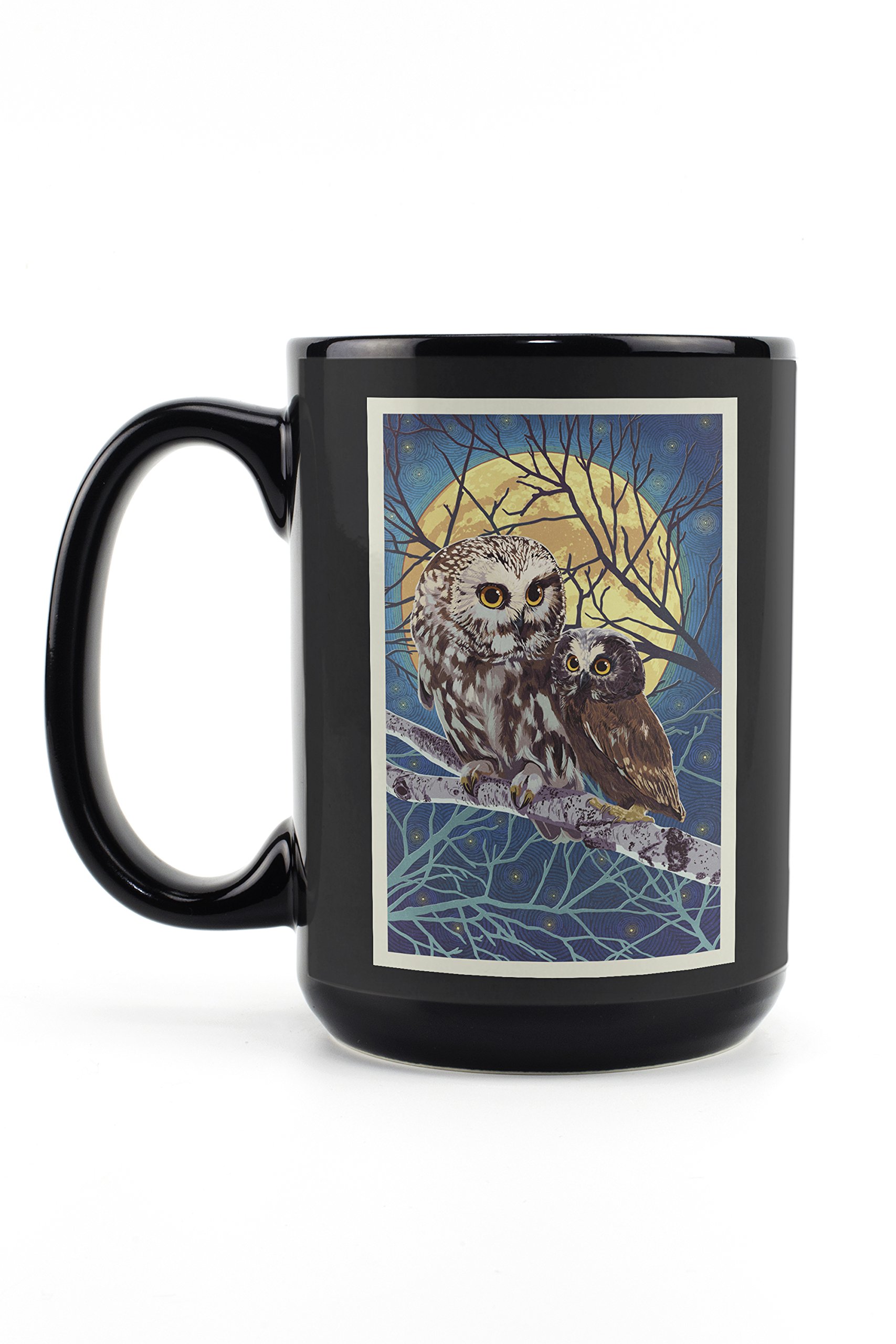 Owl and Owlet Letterpress 15oz Black Ceramic Coffee Mug - Microwave & Dishwasher Safe - Perfect for Home, Office or Gift Giving