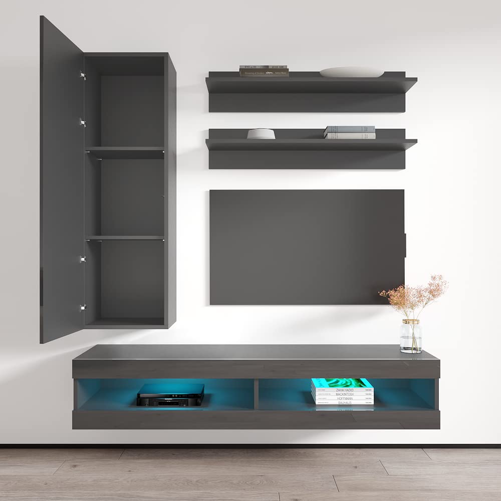 Modern Gray Floating TV Stand with Storage & LED Lights - Wall-Mounted Entertainment Center for 34