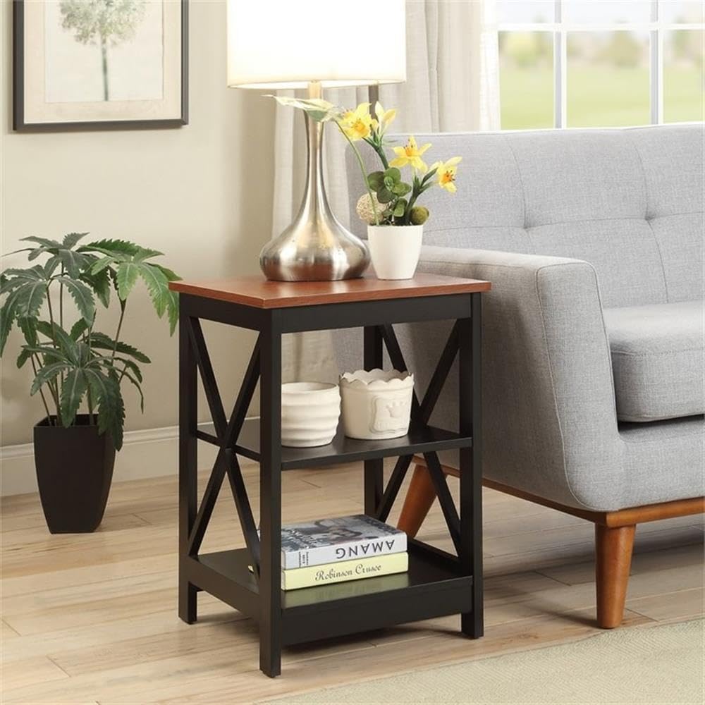 Pemberly Row Transitional Cherry Wood End Table with Middle and Bottom Shelf - Perfect for Living Room, Bedroom, or Office Side Table