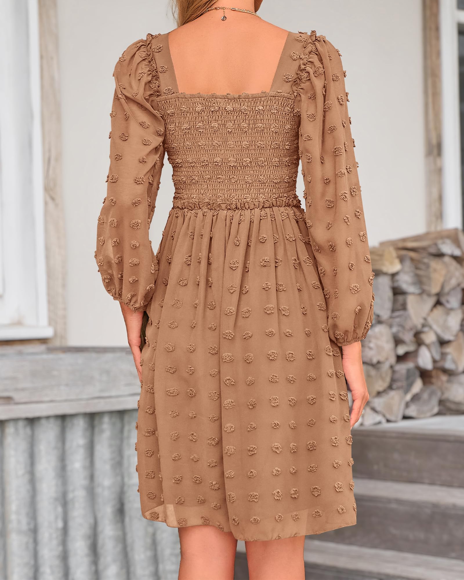 BTFBM Women's Floral Swiss Dot Smocked Mini Dress - Square Neck Long Sleeve Boho Wedding Guest Dress for Spring & Summer 2025 | Perfect for Garden Parties, Bridal Showers & Date Nights