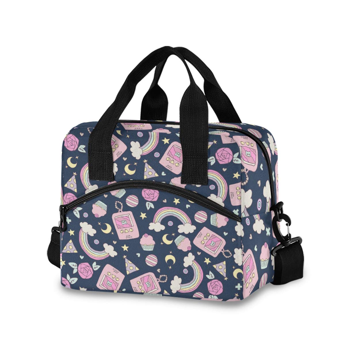 OREZI Insulated Lunch Bag for Women & Girls - Rainbow Cloud & Pink Cupcakes Design with Detachable Shoulder Strap | Leakproof Lunch Box for School, Office, Picnics & Outdoor Activities