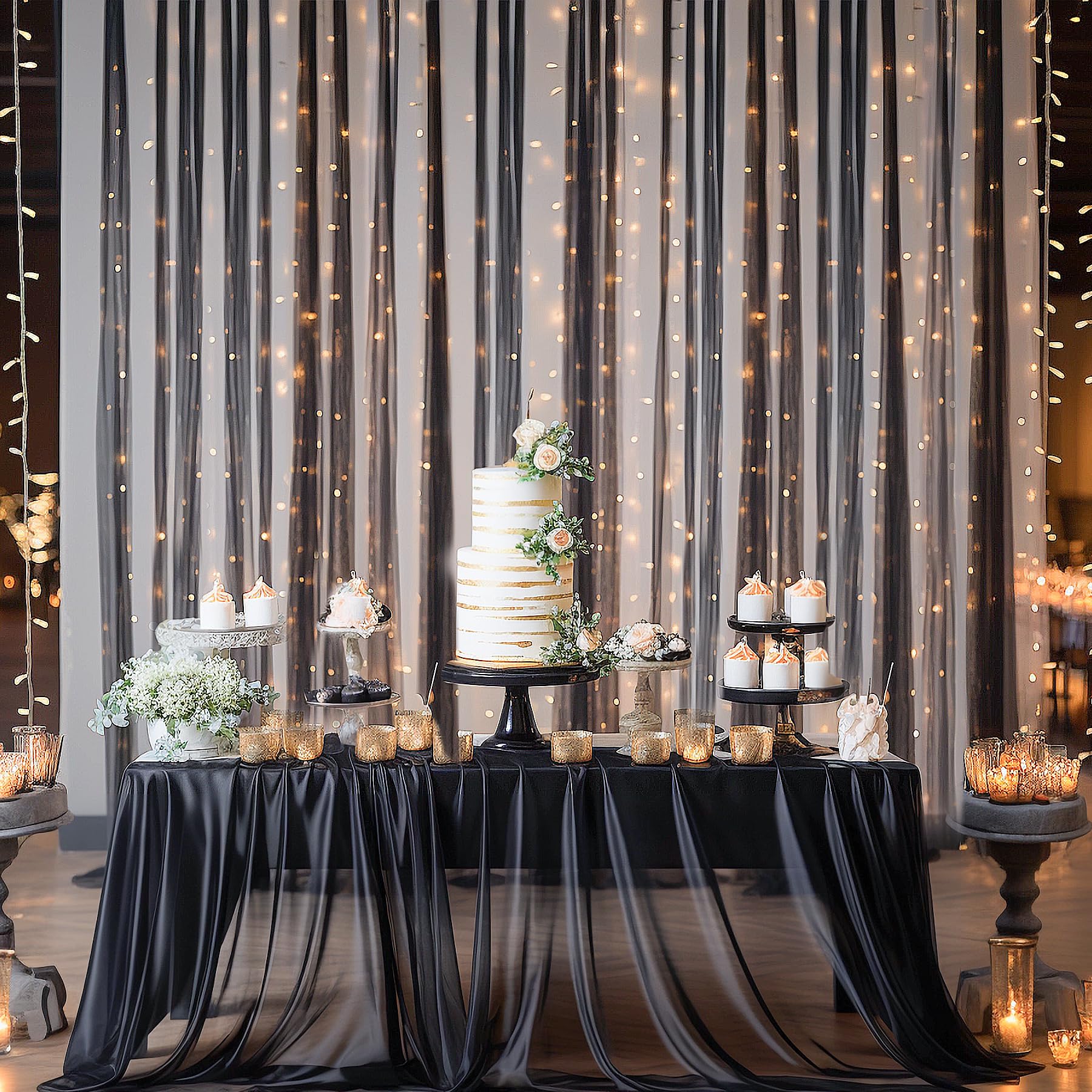 10×10ft Black Tulle Backdrop Curtain with LED String Lights - Sheer Wedding Party Decor, Photo Booth Background, Home Decoration for Birthday, Anniversary & Baby Shower Events