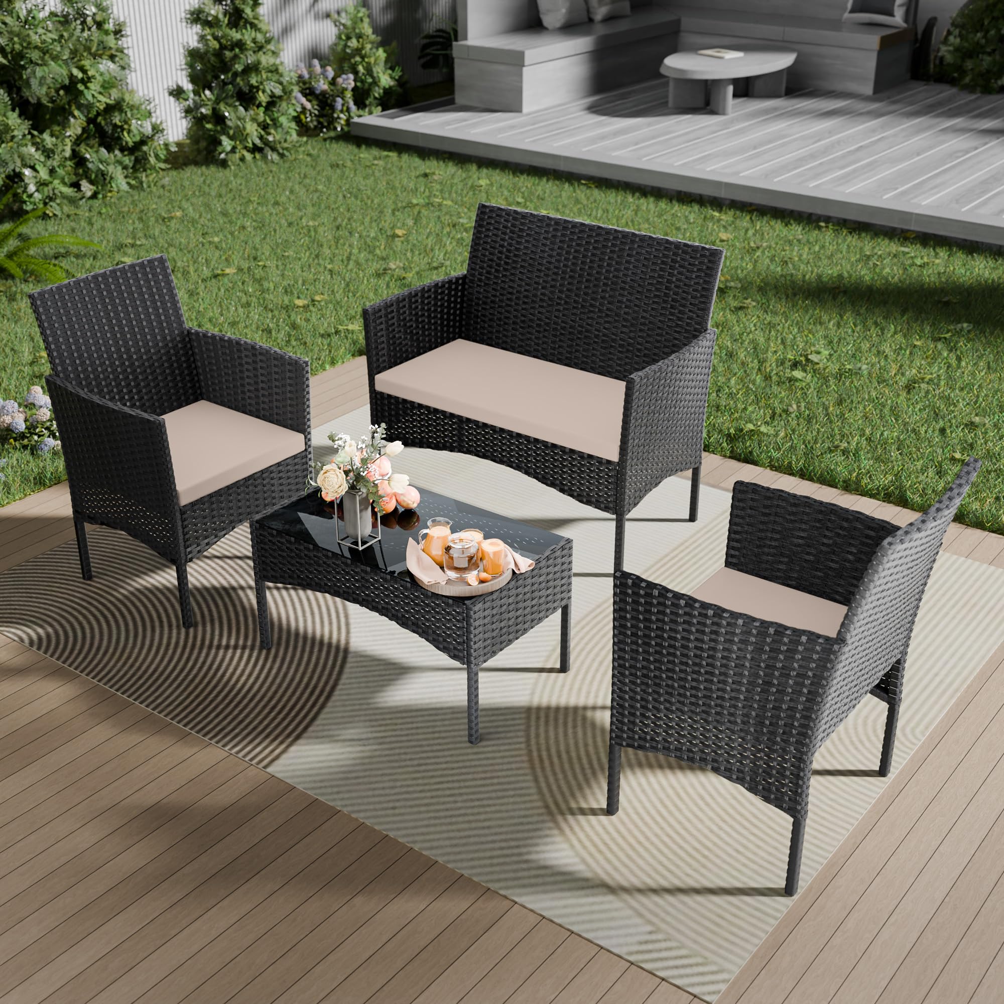 4-Piece Outdoor Patio Furniture Set - Rattan Wicker Conversation Set with Glass Table - Perfect for Porch, Pool, Backyard, Lawn, Garden & Beach Relaxation