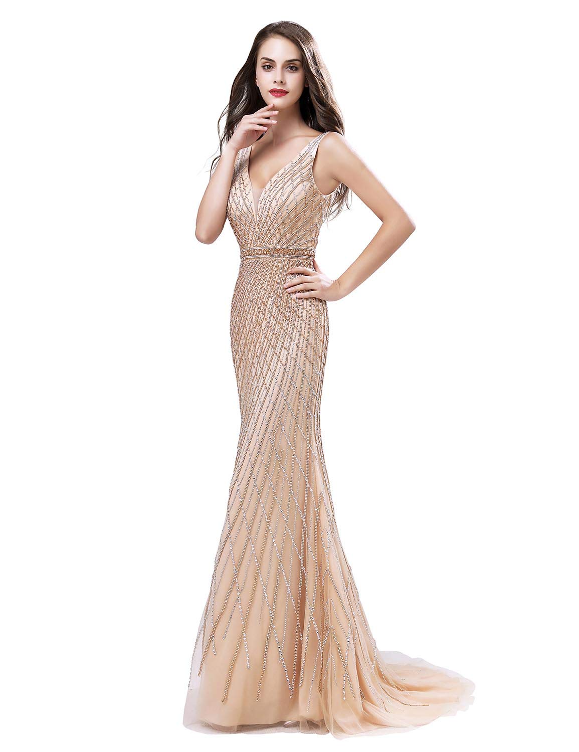 Sarahbridal Women's Luxury Beaded Prom Dresses - Long V-Neck & V-Back Evening Ball Gowns for Homecoming, Wedding, Pageant & Special Occasions