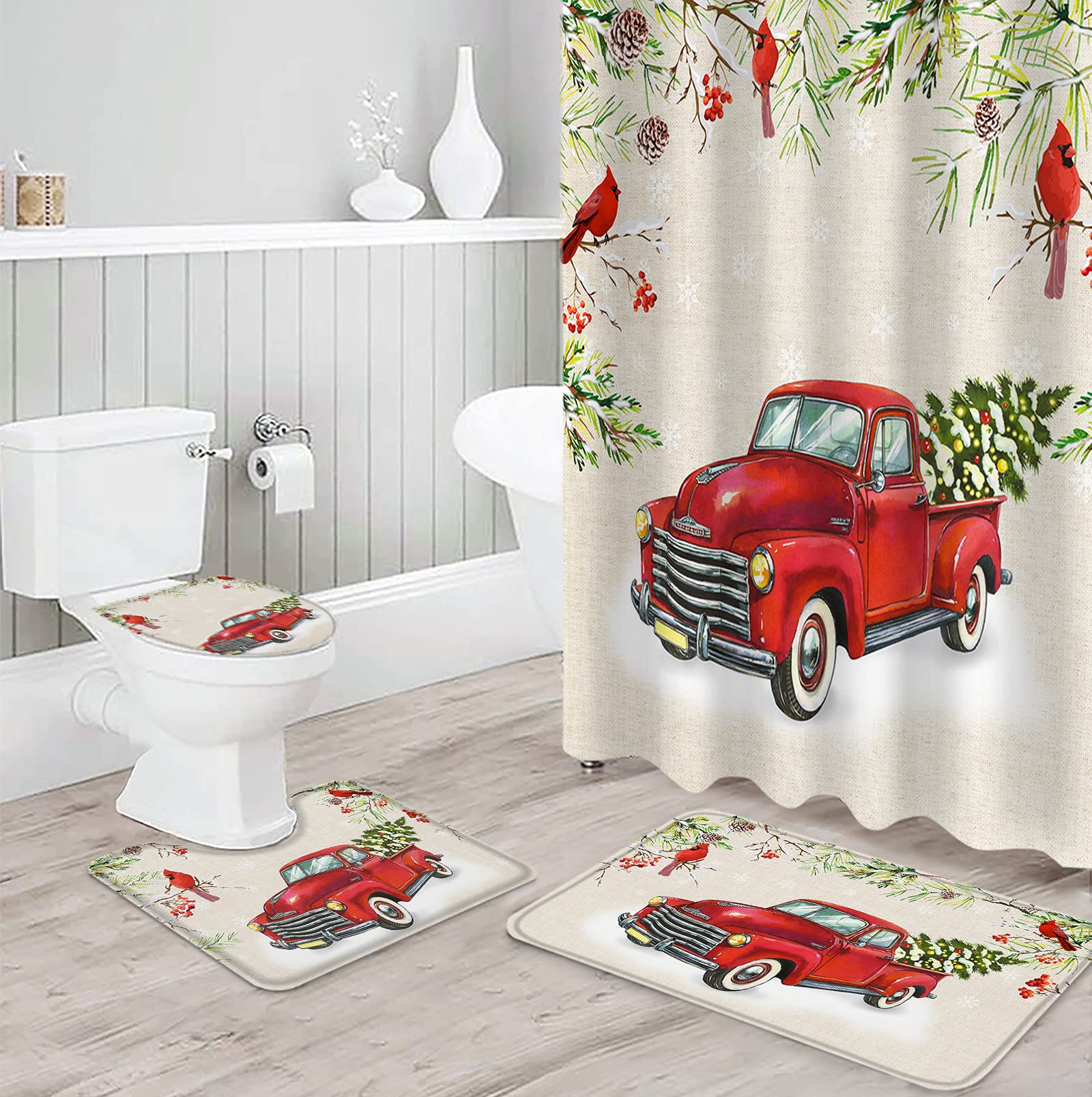 4-Piece Christmas Shower Curtain Set - Vintage Red Truck with Tree & Berries Design, Includes Waterproof Shower Curtain, Non-Slip Bath Mat, Toilet Lid Cover & 12 Hooks | Holiday Bathroom Decor for Xmas, Winter Home Decor