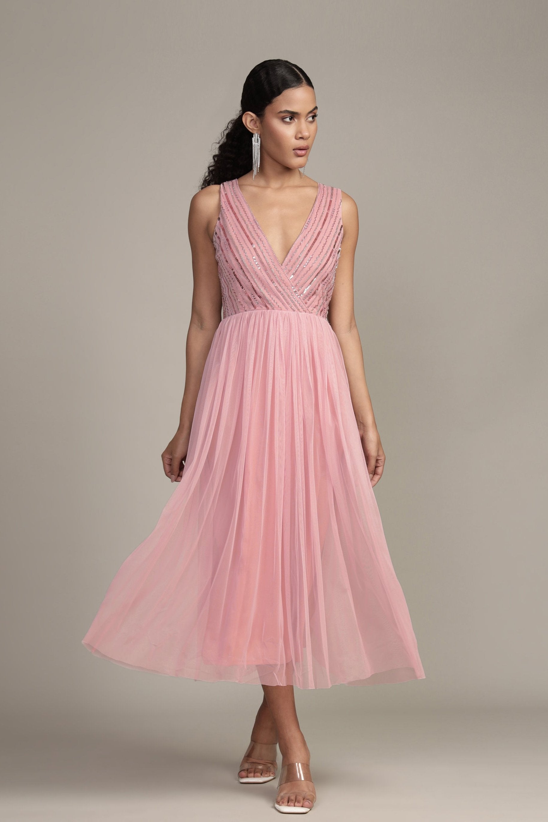 Millie Midi Embellished Dress for Women - Elegant Pink Floral Party Dress | Perfect for Weddings, Cocktails & Special Occasions