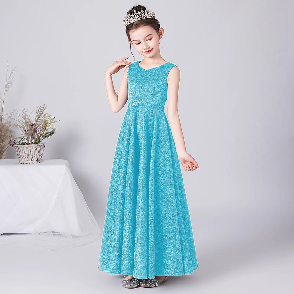 Elegant O-Neck Bow Floor-Length Princess Dress for Girls - Perfect for Birthday Parties, Pageants & Special Occasions | Formal Gown for Kids' Celebrations & Photo Shoots