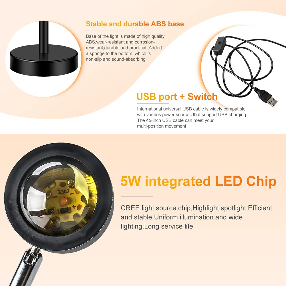 Sidaqi 180° Rotating Sunset Projection Lamp - 3W USB Rechargeable Night Light for Bedroom, Party & Home Decor - Creates Romantic Sunset Ambiance for Relaxation, Meditation and Special Occasions