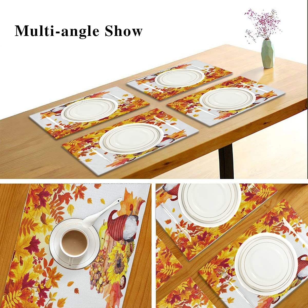 Thanksgiving Gnomes Placemats Set of 4 - Fall Maple Leaf & Pumpkin Washable Table Mats for Dining Decor (12x18 Inches) - Perfect for Thanksgiving Dinner, Autumn Home Decor & Holiday Table Setting