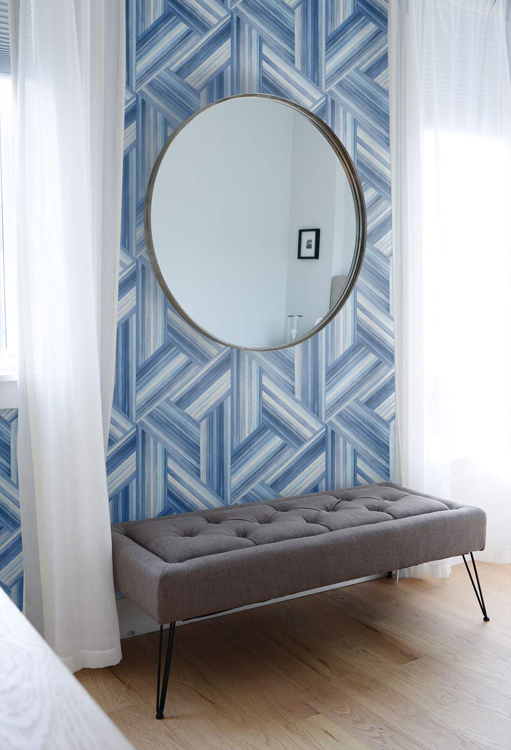 Living with Art Geo Inlay Unpasted Wallpaper - Denim & Sky Blue Geometric Peel & Stick Wallpaper for Bedroom, Living Room & Home Decor