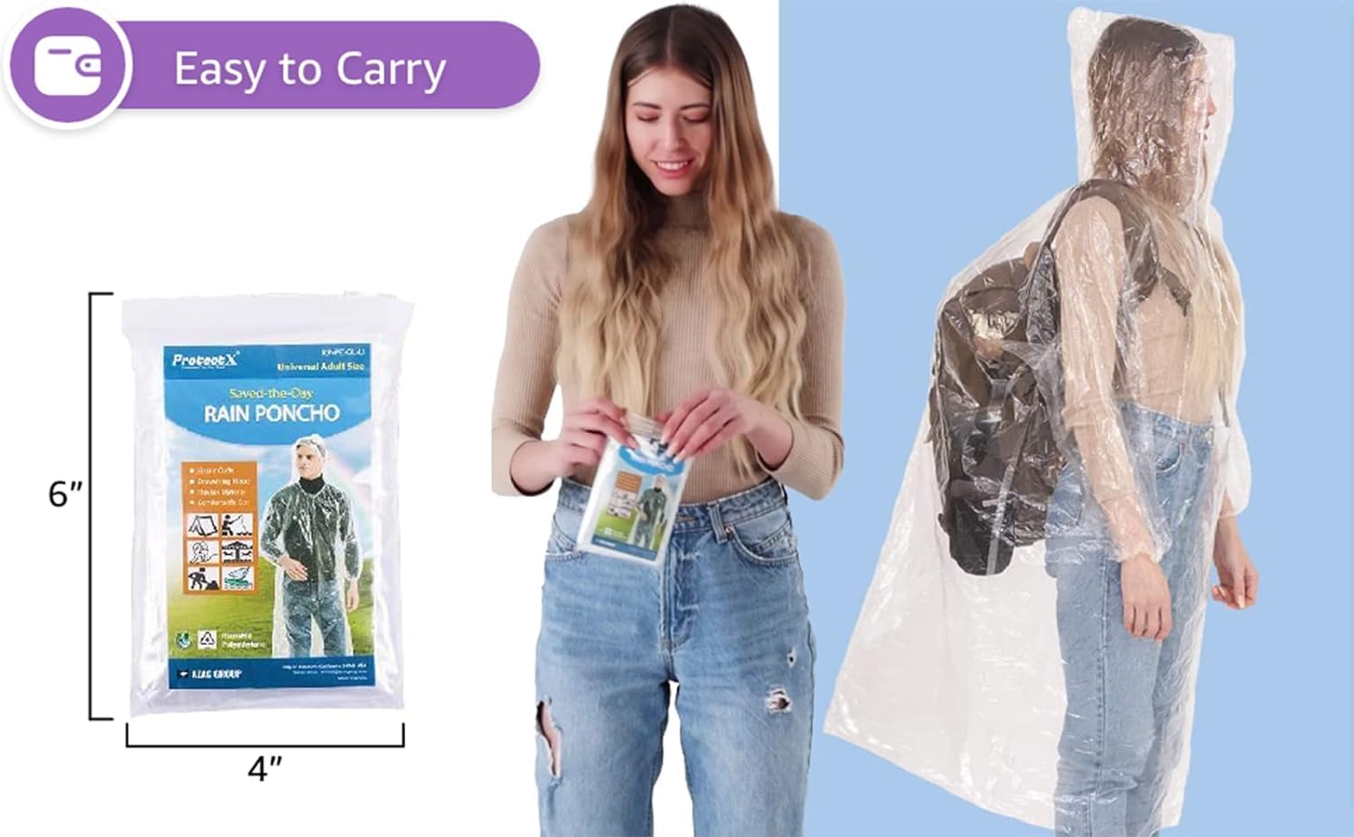 ProtectX Premium Disposable Rain Ponchos with Elastic Cuffs & Drawstring Hood - Waterproof Emergency Rainwear for Outdoor Events, Hiking, Travel & Theme Parks