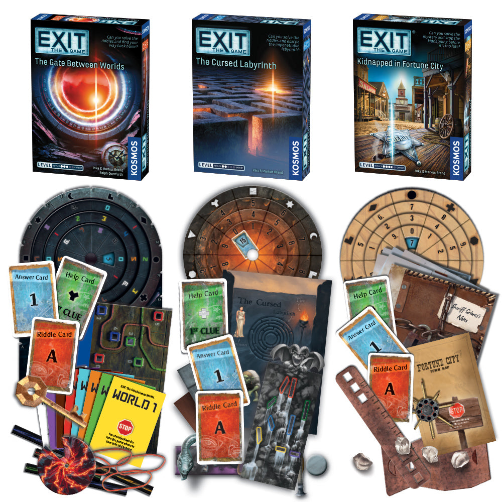 EXIT: The Game - Season 5a Three Pack: The Gate Between Worlds, The Cursed Labyrinth & Kidnapped in Fortune City | Escape Room Board Game for Adults & Teens | Perfect for Family Game Nights & Party Entertainment