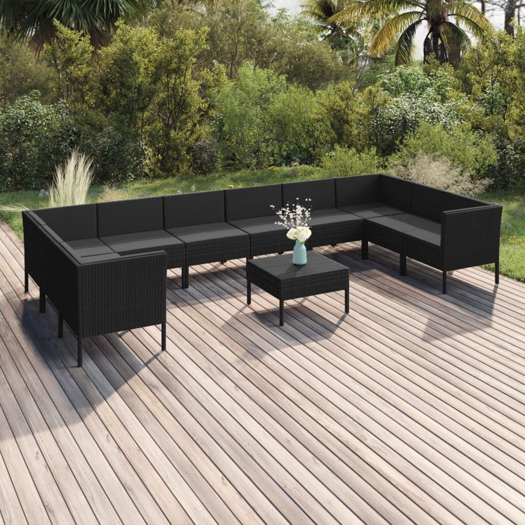vidaXL 11-Piece Patio Lounge Set with Cushions - Black Poly Rattan Outdoor Furniture for Garden, Terrace & Yard - Perfect for Relaxing, Entertaining & Lounging in Your Outdoor Space