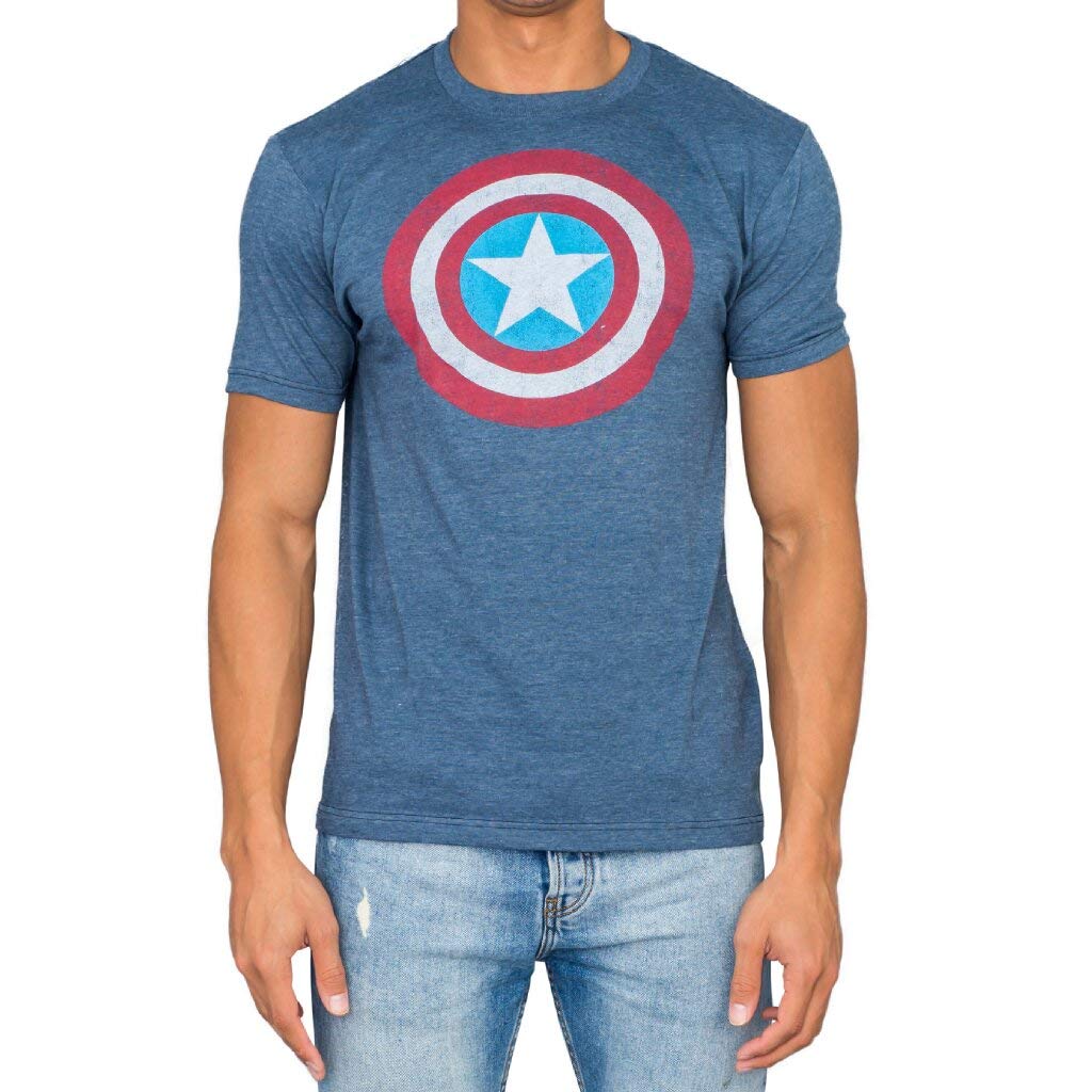 Captain America Distressed Shield Light Heather Navy Men's T-Shirt - Marvel Superhero Graphic Tee for Casual Wear & Comic Con Cosplay
