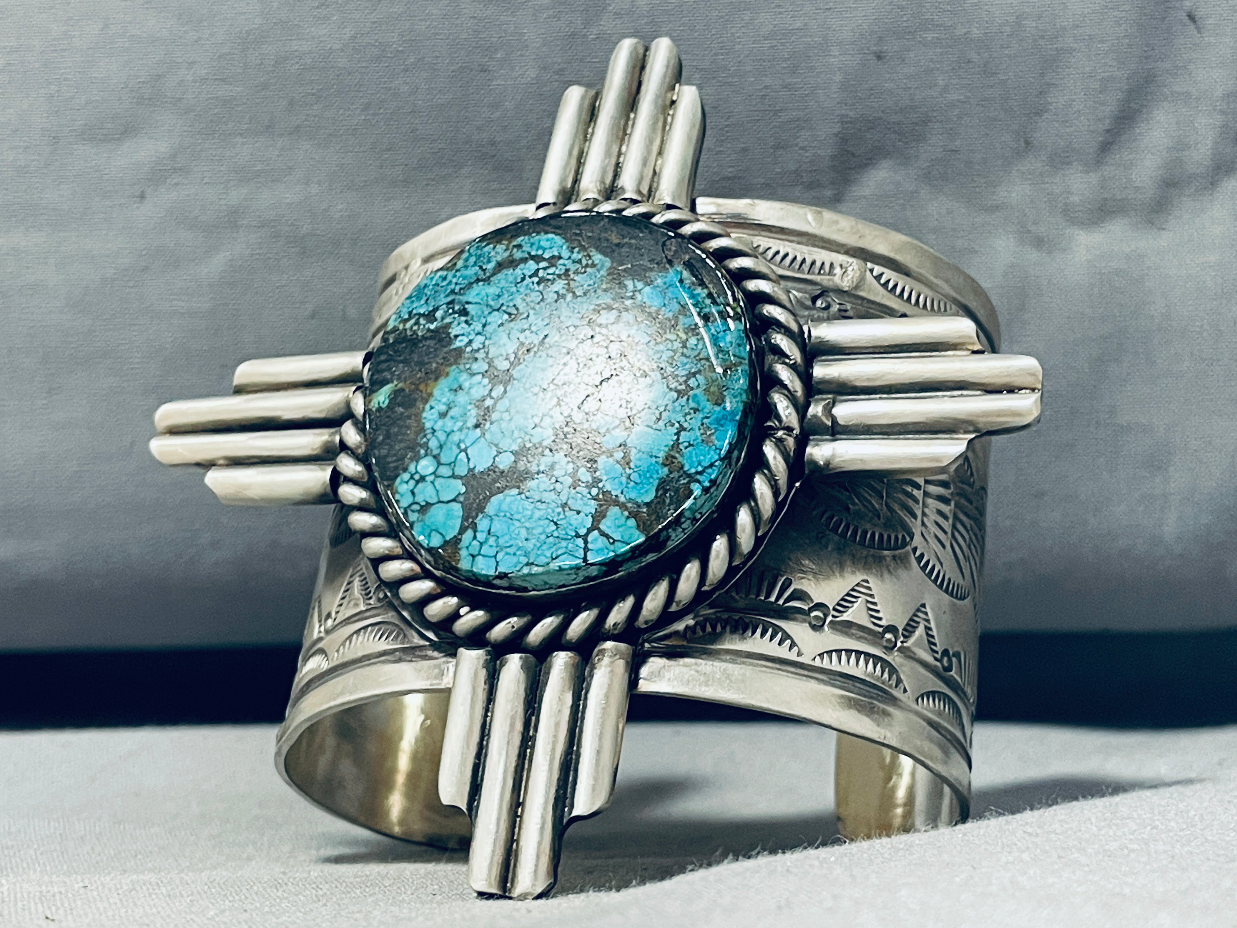 167g Rare Native American Navajo 8 Turquoise Sterling Silver Zia Bracelet - Handmade Southwest Jewelry for Women, Boho Fashion Accessory, Spiritual Gift for Healing & Protection