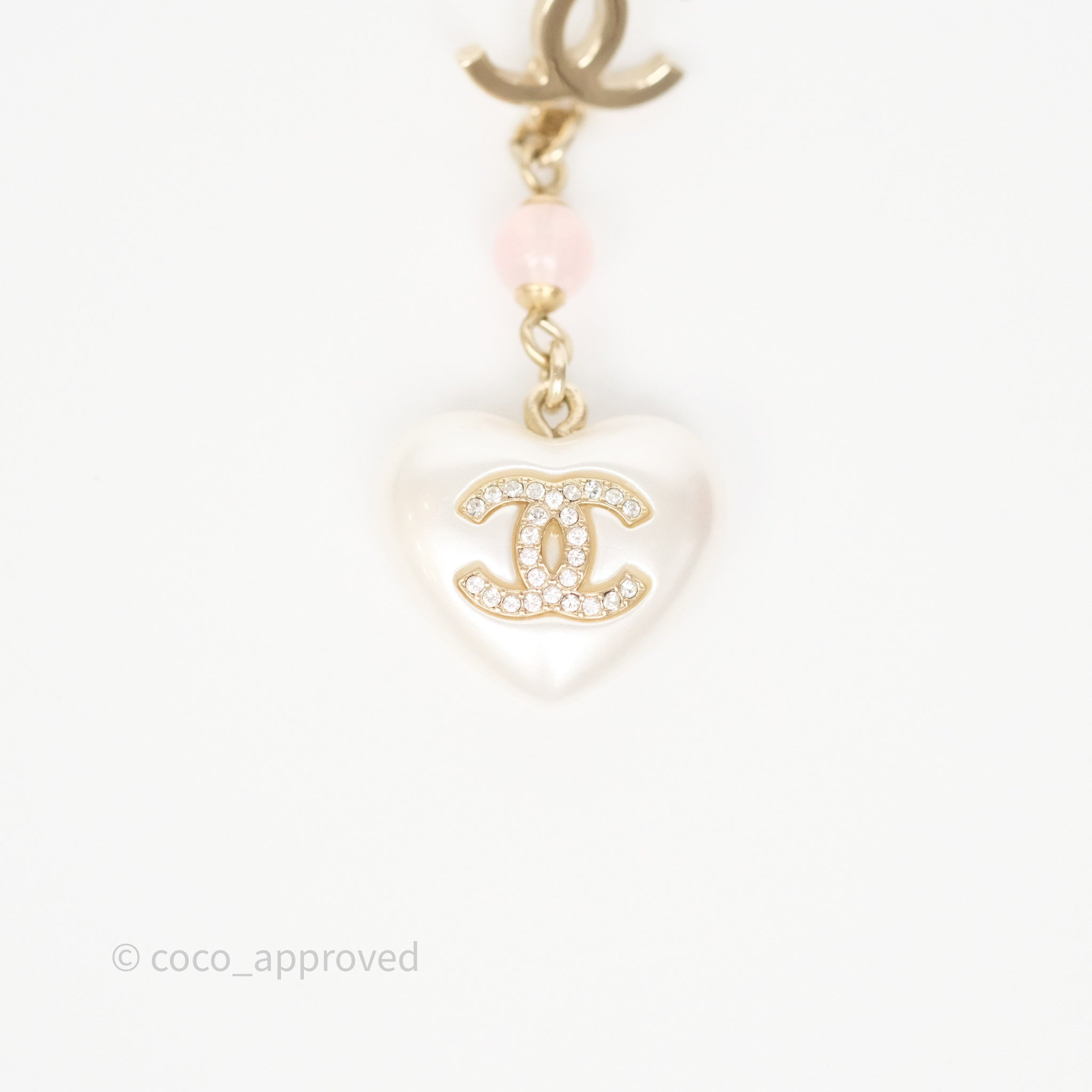 Chanel CC Pink Bead Heart Pearl Crystal Drop Earrings in Gold Tone - Elegant Luxury Jewelry for Women, Perfect for Parties, Weddings & Special Occasions