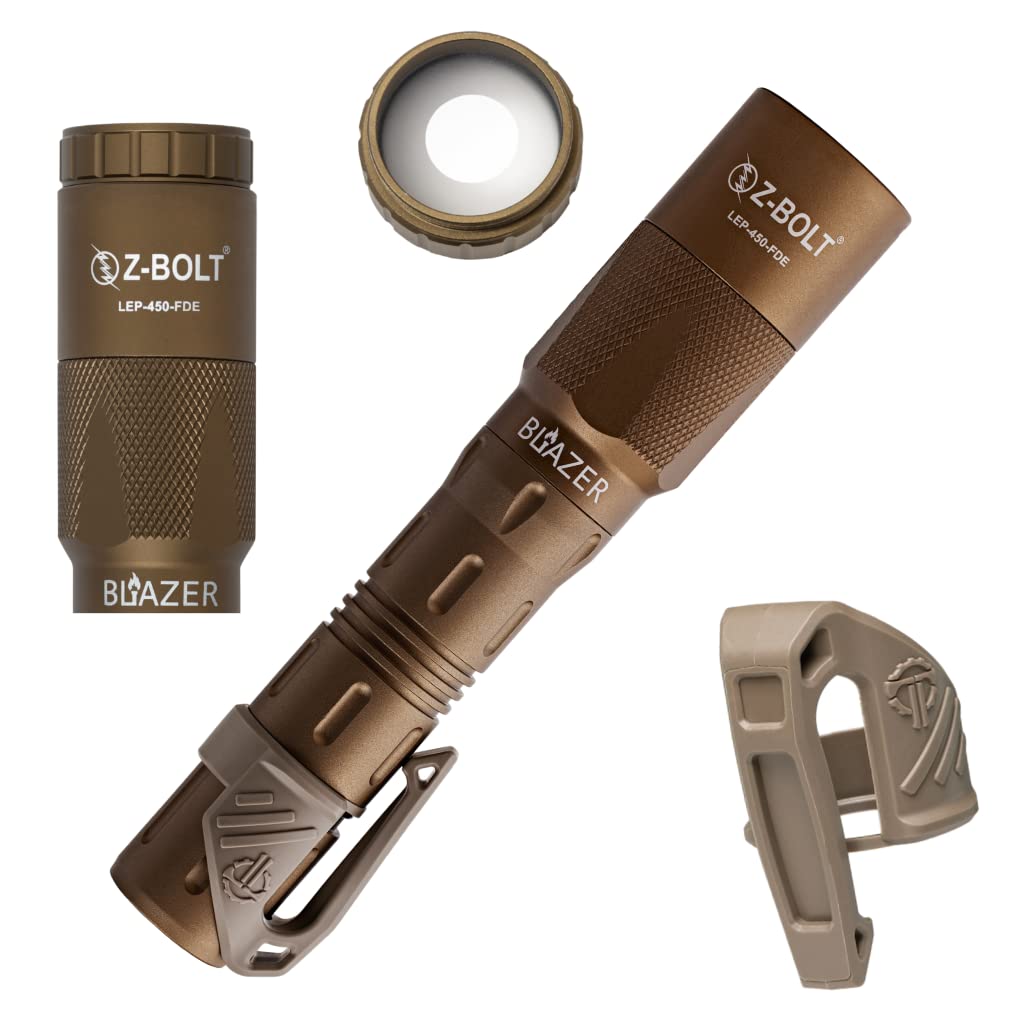 Z-BOLT® Blazer LEP Flashlight with Beam Shaping Diffuser - Dual Fuel (Battery & Rechargeable) - 1100m Range & 315,000 Candela - Tactical Duty & EDC Flashlight - Includes Free THYRM LPC Pocket Clip (FDE) - Perfect for Outdoor Adventures, Camping, Hiking, and Emergency Preparedness