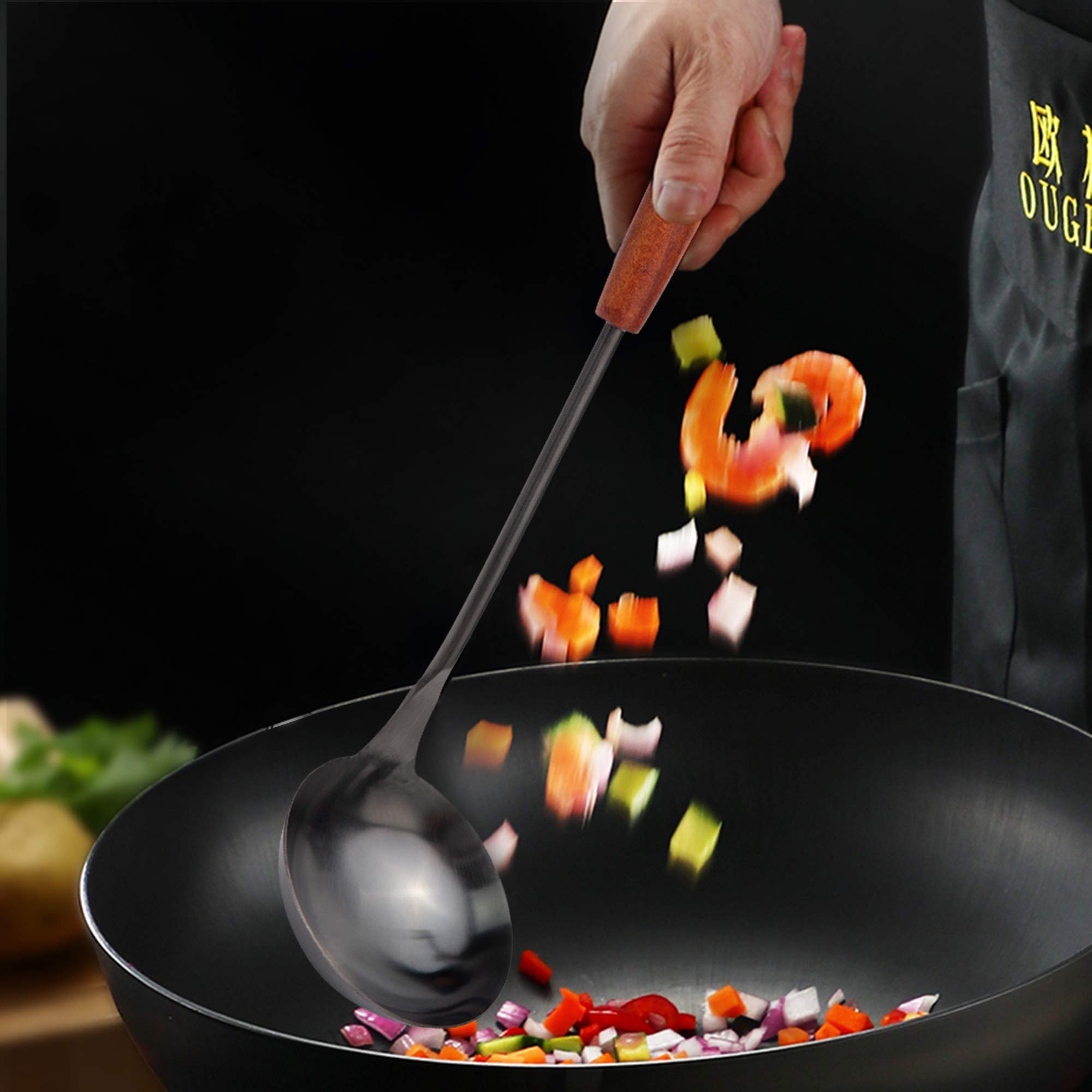 Stainless Steel Soup Ladle with Ergonomic Wooden Handle - 14.2 Inch Rust-Proof Cooking Spoon for Soup, Gravy, Sauces - Perfect for Kitchen, Restaurant & Catering Use