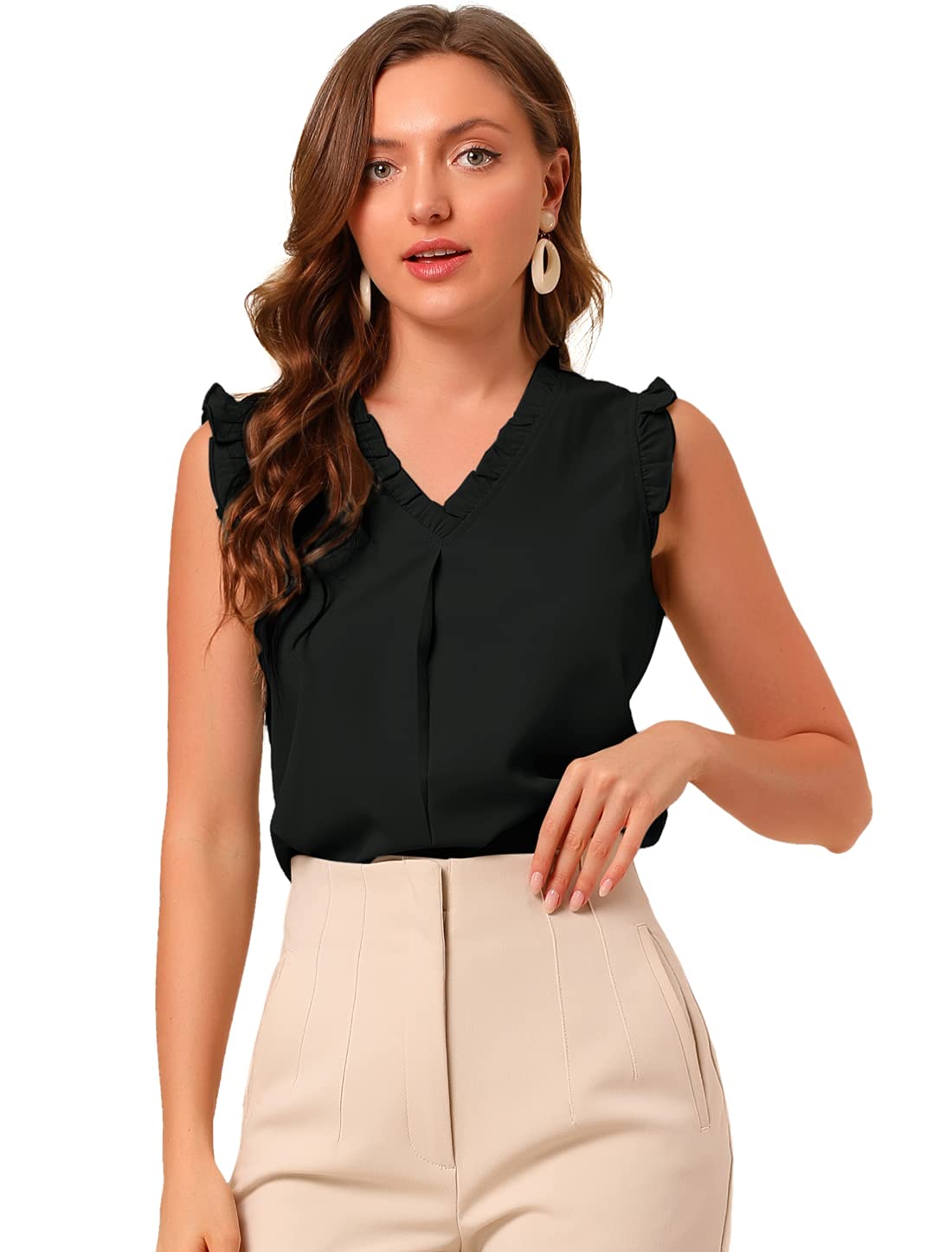 Allegra K Women's Ruffled Sleeveless Blouse - 1950s Vintage Style Business Top for Office & Work | Elegant Sleeveless Shirt for Women | Perfect for Business Casual, Cocktail Parties & Retro Outfits