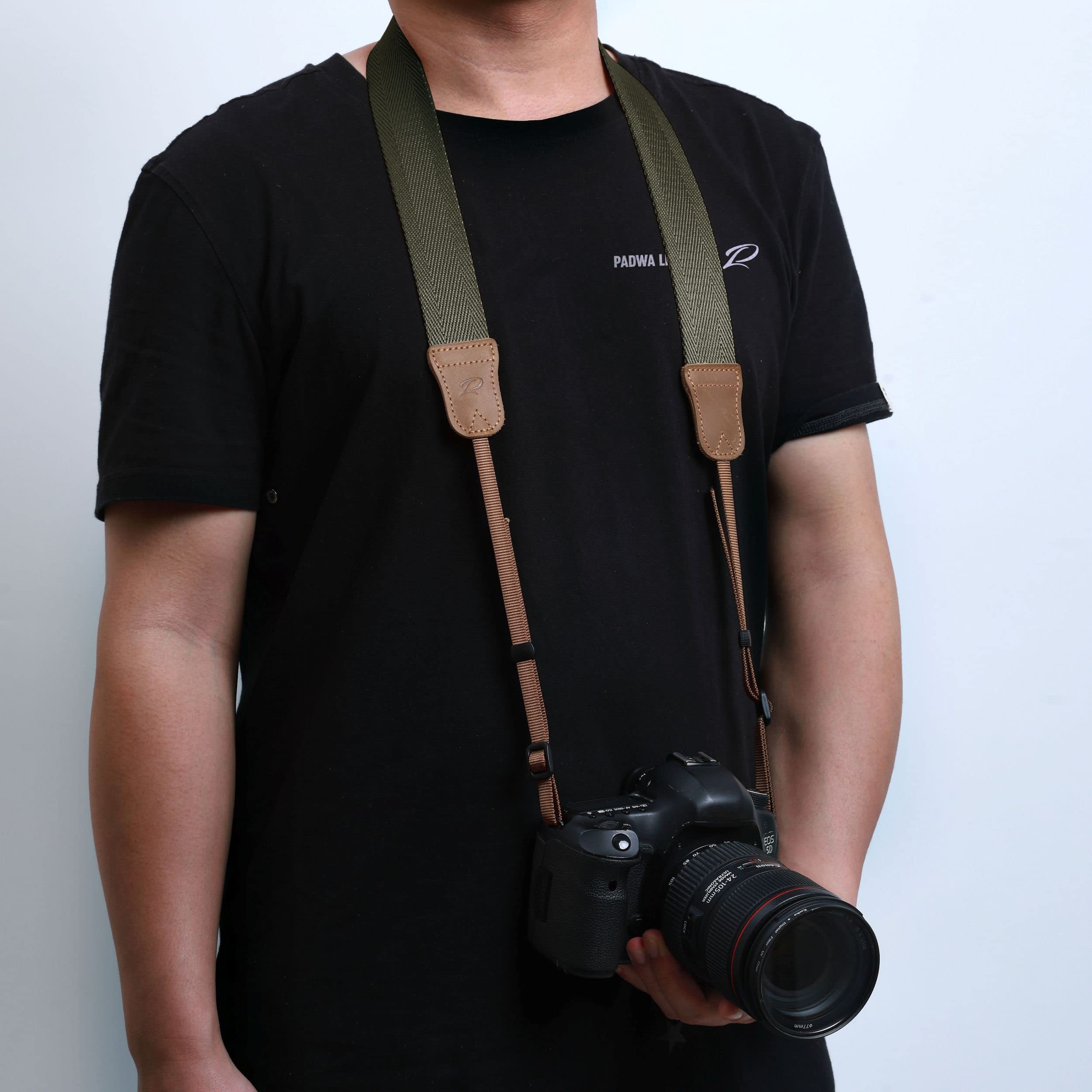 Premium Olive Green Camera Strap - Double Layer Top-Grain Cowhide Ends & 1.5
