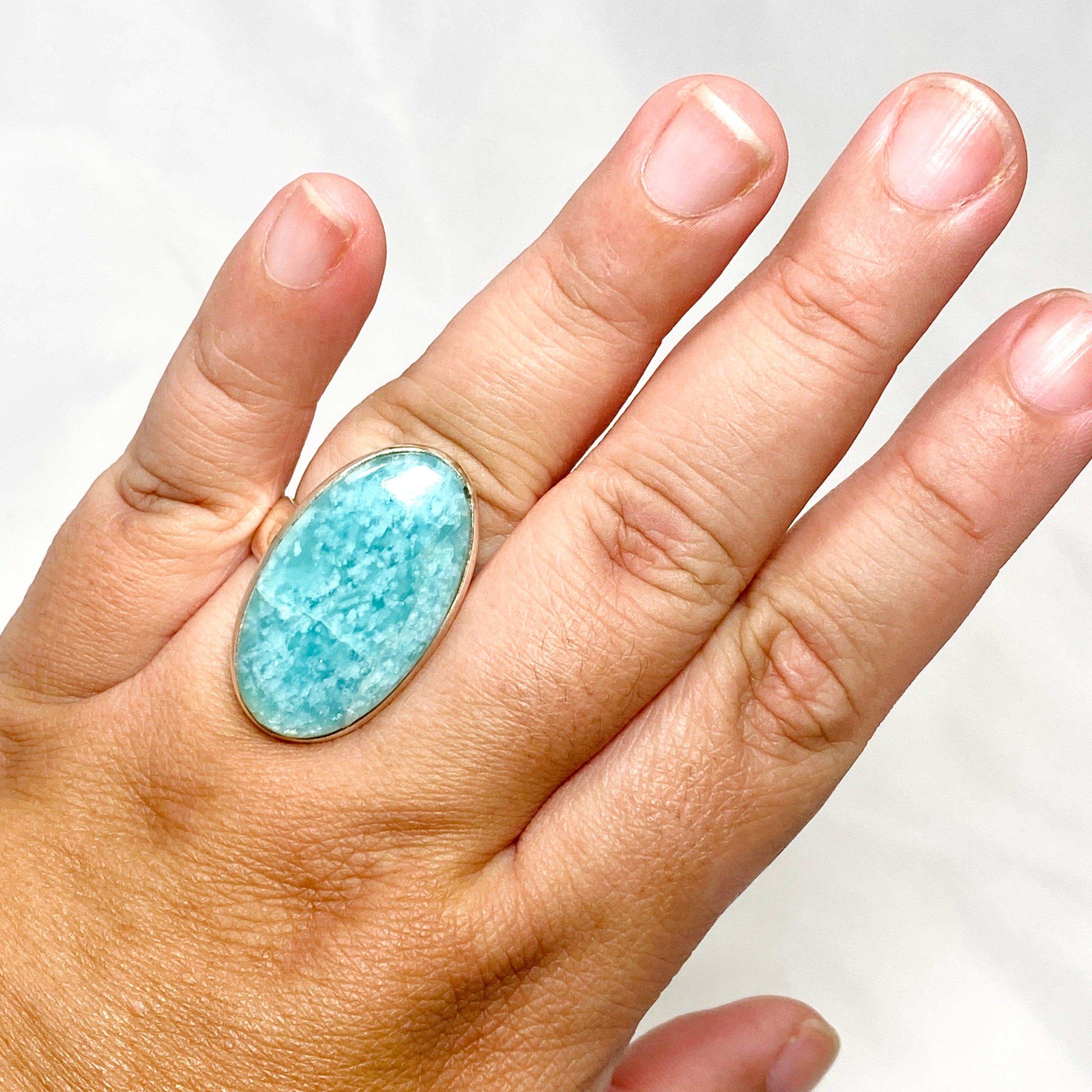 Amazonite Oval Ring Size 11 - Natural Stone Jewelry for Women, Sterling Silver Adjustable Band, Boho Chic Accessory - Perfect for Everyday Wear, Gift Giving & Special Occasions