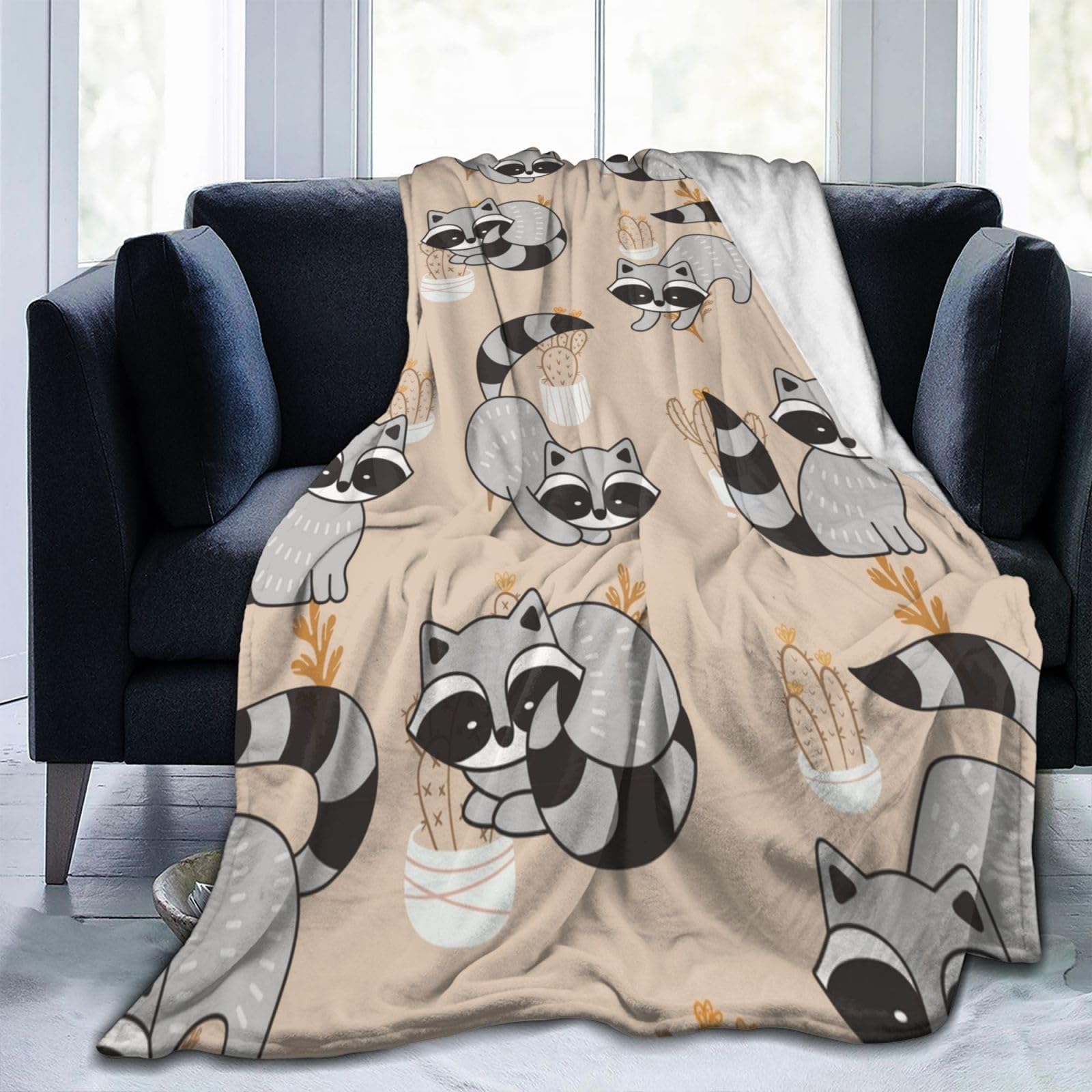 Cute Cartoon Raccoons Flannel Throw Blanket - Soft & Warm Lightweight Blanket for Kids, Teens & Adults - Perfect for Sofa, Bed, Office & Travel - Ideal Gift for Raccoon Lovers (50