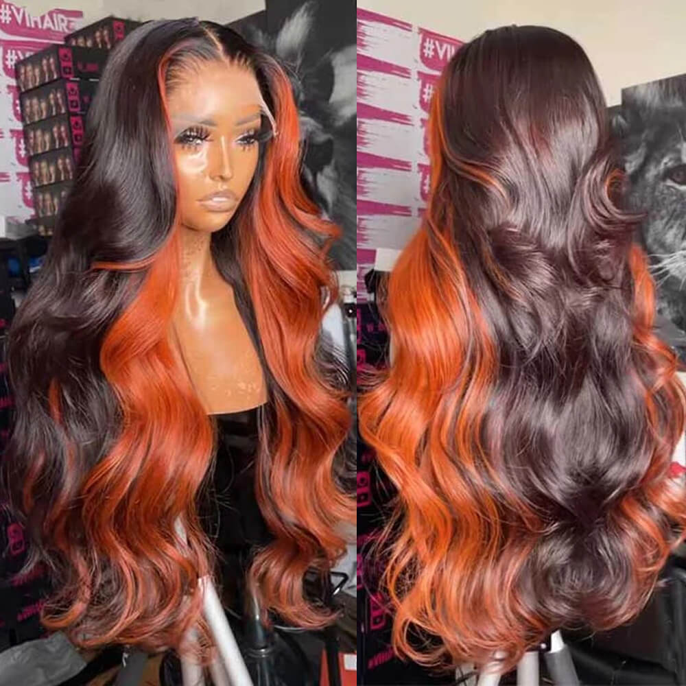 Eullair Highlight Body Wave Lace Frontal Human Hair Wig - Natural Inner Green Orange Color | Perfect for Cosplay, Daily Wear & Special Occasions