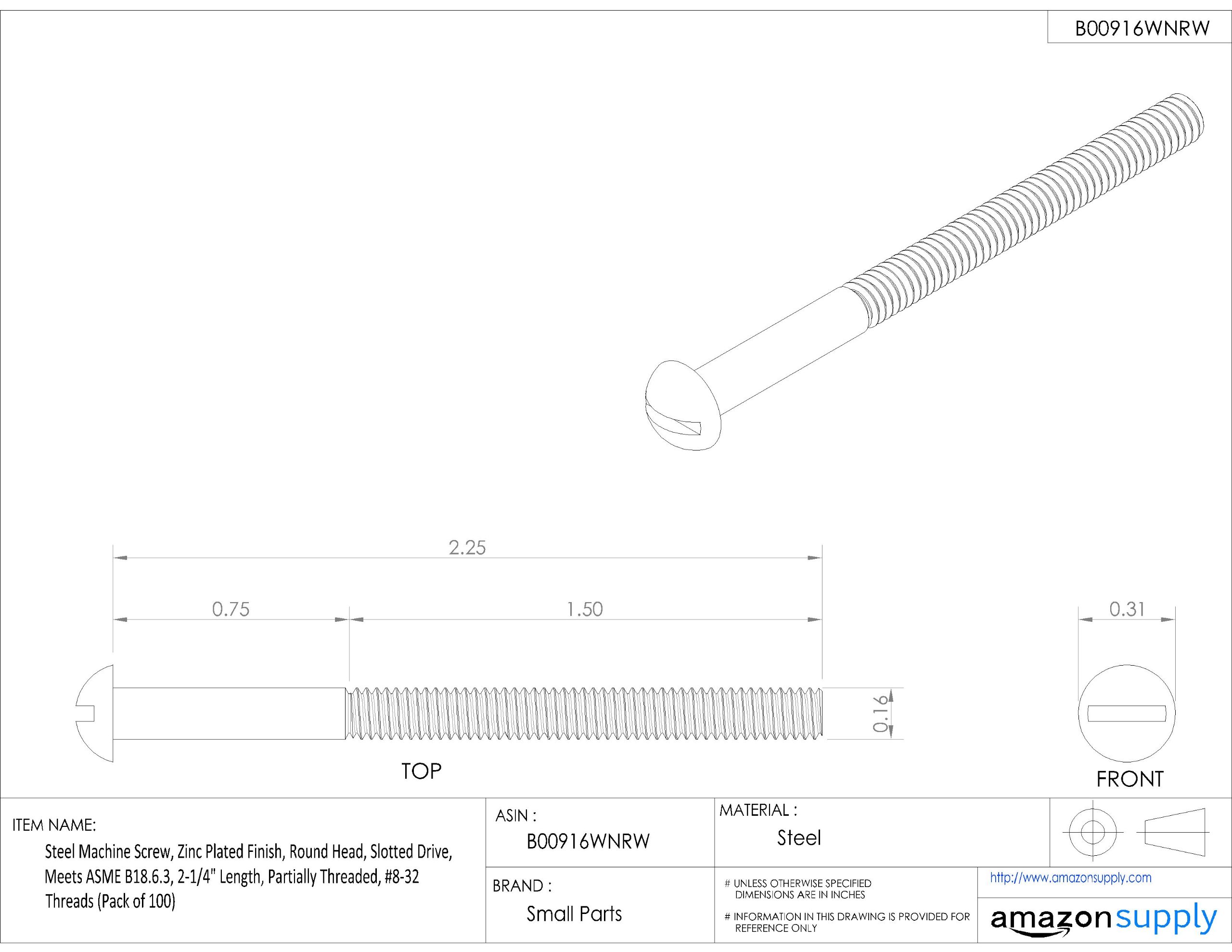 #8-32 UNC Steel Machine Screws, Zinc Plated, 2-1/4
