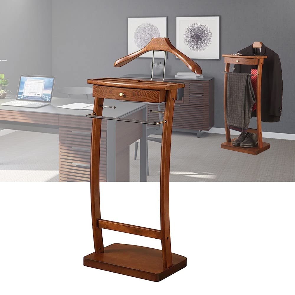 Premium Wooden Suit Valet Stand - 44.4X30X112.2CM Butler Clothing Rack with Stable Base for Suits, Jackets & Pants | Ideal for Office, Living Room & Bedroom Organization | Space-Saving Floor Standing Garment Hanger for Men's Wardrobe