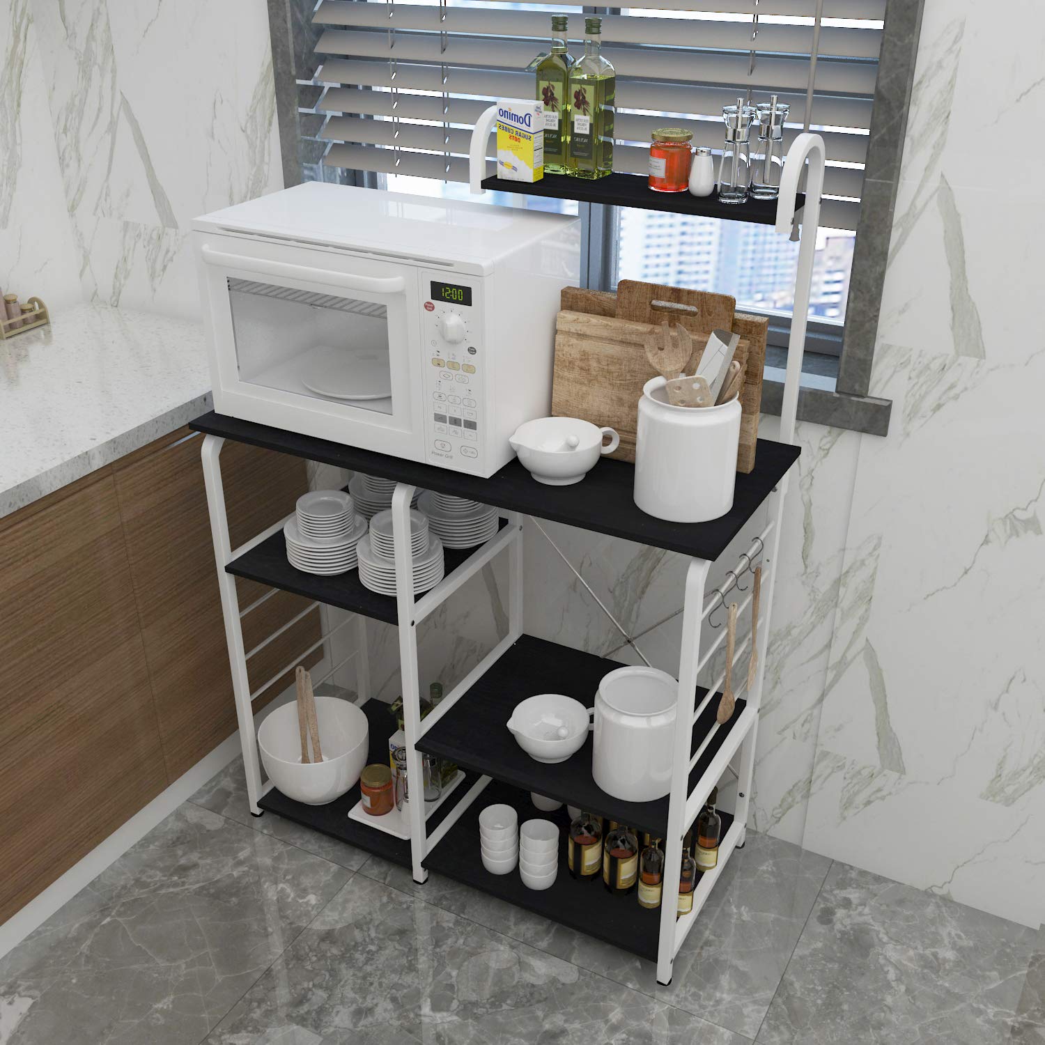 Soges Multi-Functional Kitchen Baker's Rack with Microwave Stand - Heavy Duty Storage Cart Workstation Shelf for Small Spaces - Black Brown 172-BK - Perfect for Kitchen Organization & Microwave Storage
