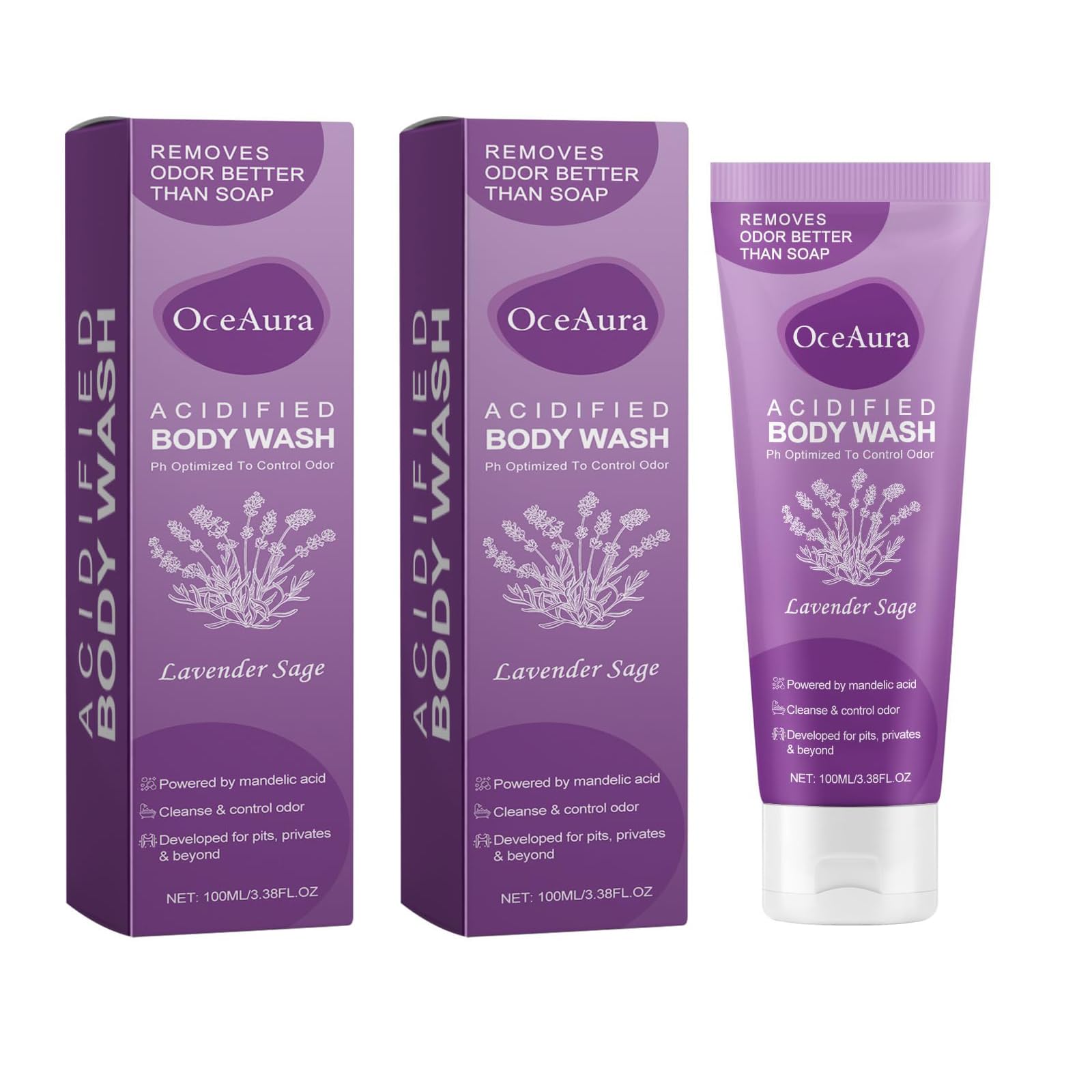 Acidified Body Wash for Odor Control - 2 Pack Moisturizing Shower Gel Without SLS or Parabens - 3.38 FL.OZ Lavender Sage Scent - Perfect for Post-Workout, Gym & Active Lifestyle