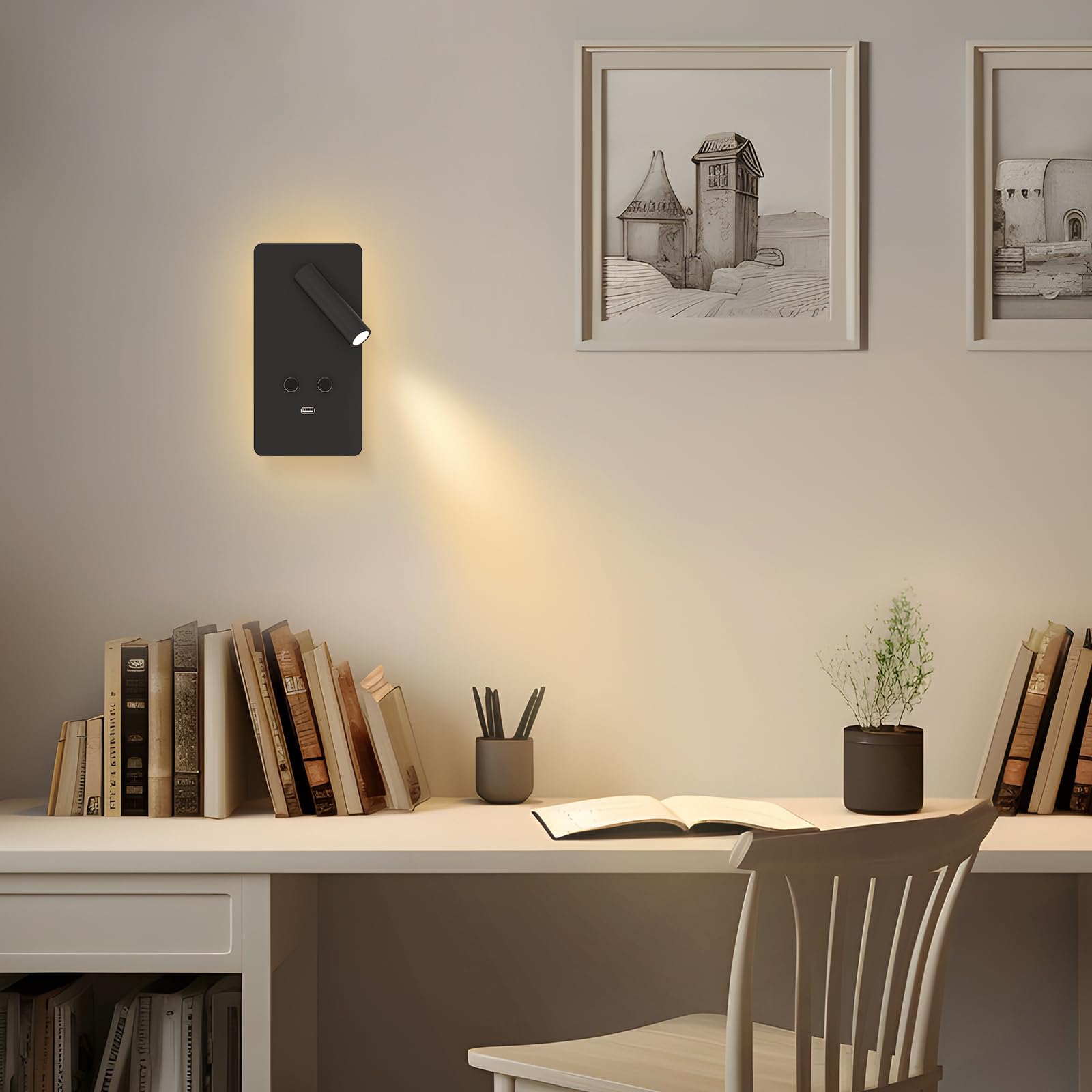 Dimmable LED Wall Mounted Reading Light - Adjustable 0.9-3.7W & 1.2-6W Backlight with USB Port - Modern Wall Sconce for Bedroom, Living Room & Study - Black