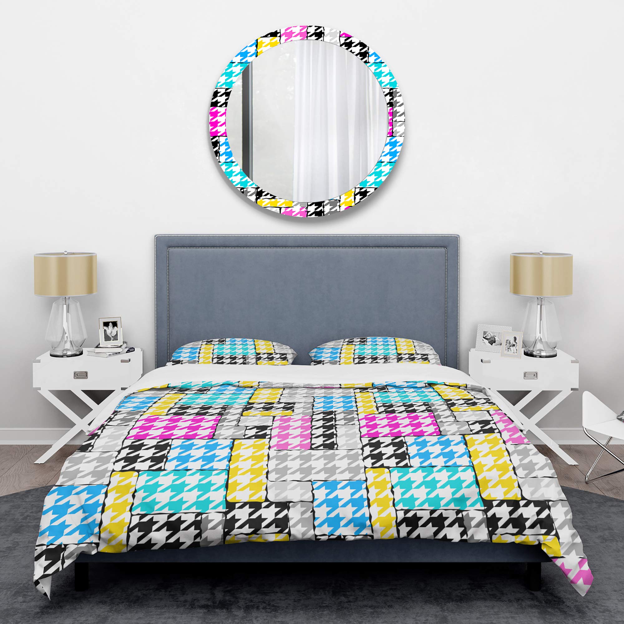 DesignQ Classic Hounds-Tooth Pattern II Mid-Century Modern Duvet Cover Set - Queen Size 3-Piece Bedding Set in Multi-Color | All Season Comfort for Vintage Inspired Bedroom Decor