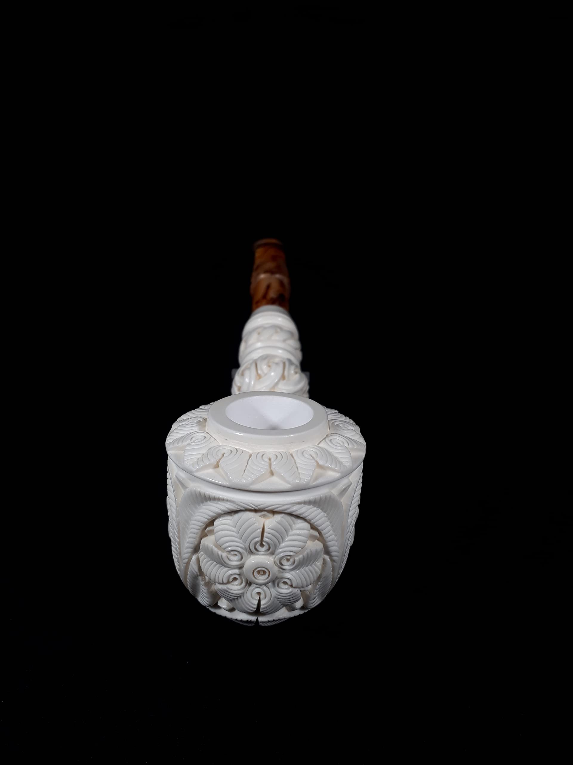 Premium Meerschaum Pipe with Floral Embossed Design & Bent Stem - Handcrafted from Solid Block Meerschaum | Perfect for Relaxing Smoke Sessions & Collector's Display