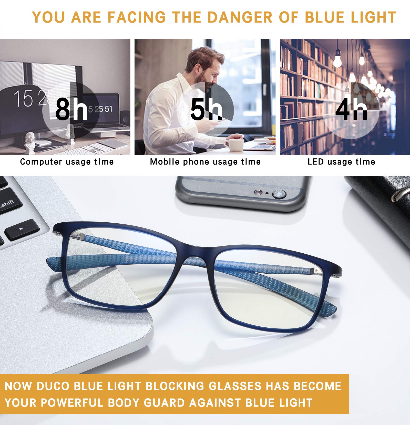 Premium Carbon Fiber Blue Light Blocking Glasses for Men & Women - DUCO Luxury Computer Glasses for Eye Strain Relief - Perfect for Office Work, Gaming & Screen Time