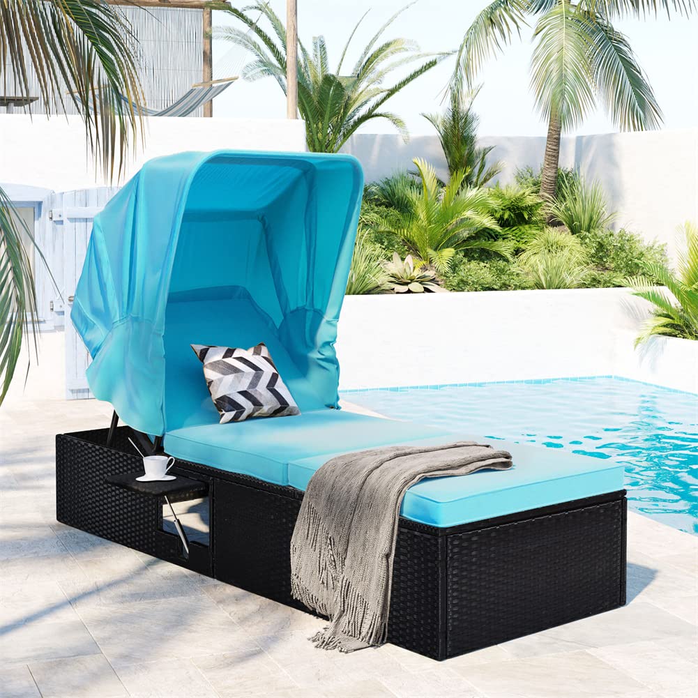 Outdoor Patio Rattan Wicker Chaise Lounge with Adjustable Backrest & Retractable Canopy - Single Sunbed with Cup Table & Cushions - Blue Rattan Furniture for Poolside, Garden, Balcony Relaxation