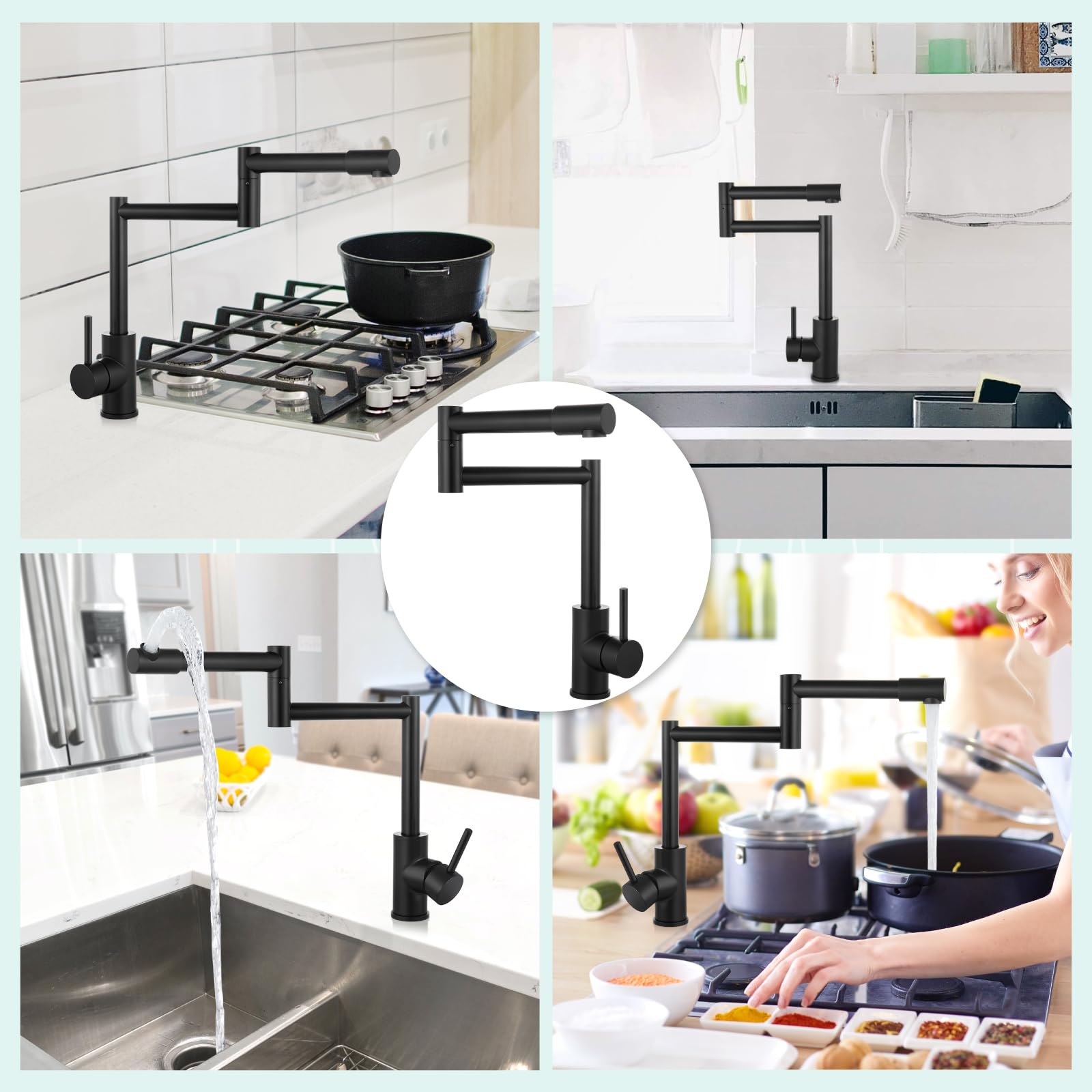 **360° Rotating Matte Black Pot Filler Faucet - Deck Mount Single Handle Kitchen Sink Faucet with Retractable Double Joints for Easy Cooking & Filling Large Pots**    *(Perfect for Modern Kitchens, Soup Making, Pasta Cooking & Heavy-Duty Food Prep)*