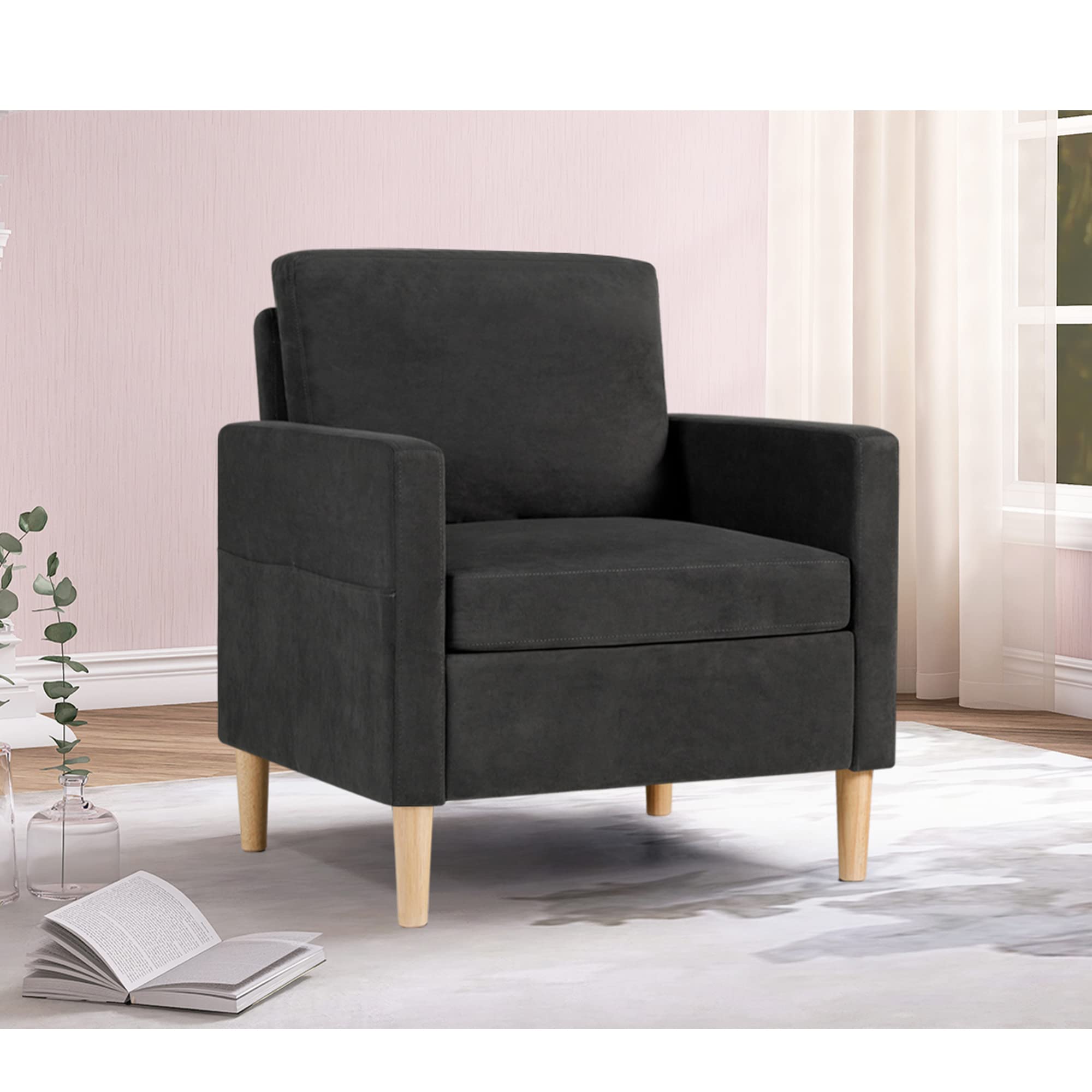 Mid Century Modern Upholstered Accent Chair - Gray Fabric Armchair with Wide Arms for Living Room & Bedroom - Comfy Reading Chair with Easy Assembly - Perfect for Relaxing, Reading & Home Decor