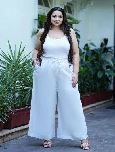 Plus Size White Rayon Wide Leg Palazzo Pants for Women - Comfortable & Flowy High Waist Trousers for Casual Wear, Office, and Summer Outfits