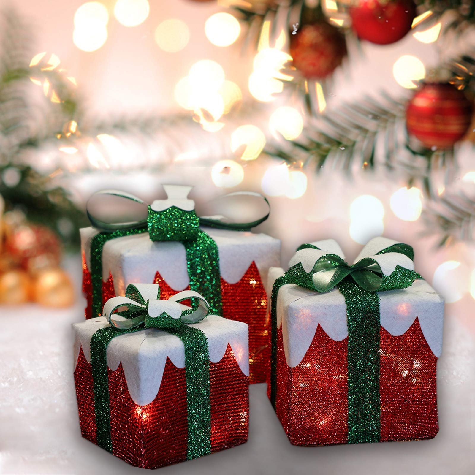 MorTime 3-Pack LED Gift Boxes with Green Bows - Christmas Indoor/Outdoor Decor