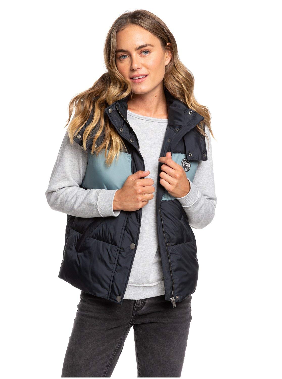 Roxy Women's Out of Focus Hooded Puffer Vest - Lightweight Insulated Body Warmer Jacket - Size L - Black True Black - Perfect for Hiking, Camping & Outdoor Activities